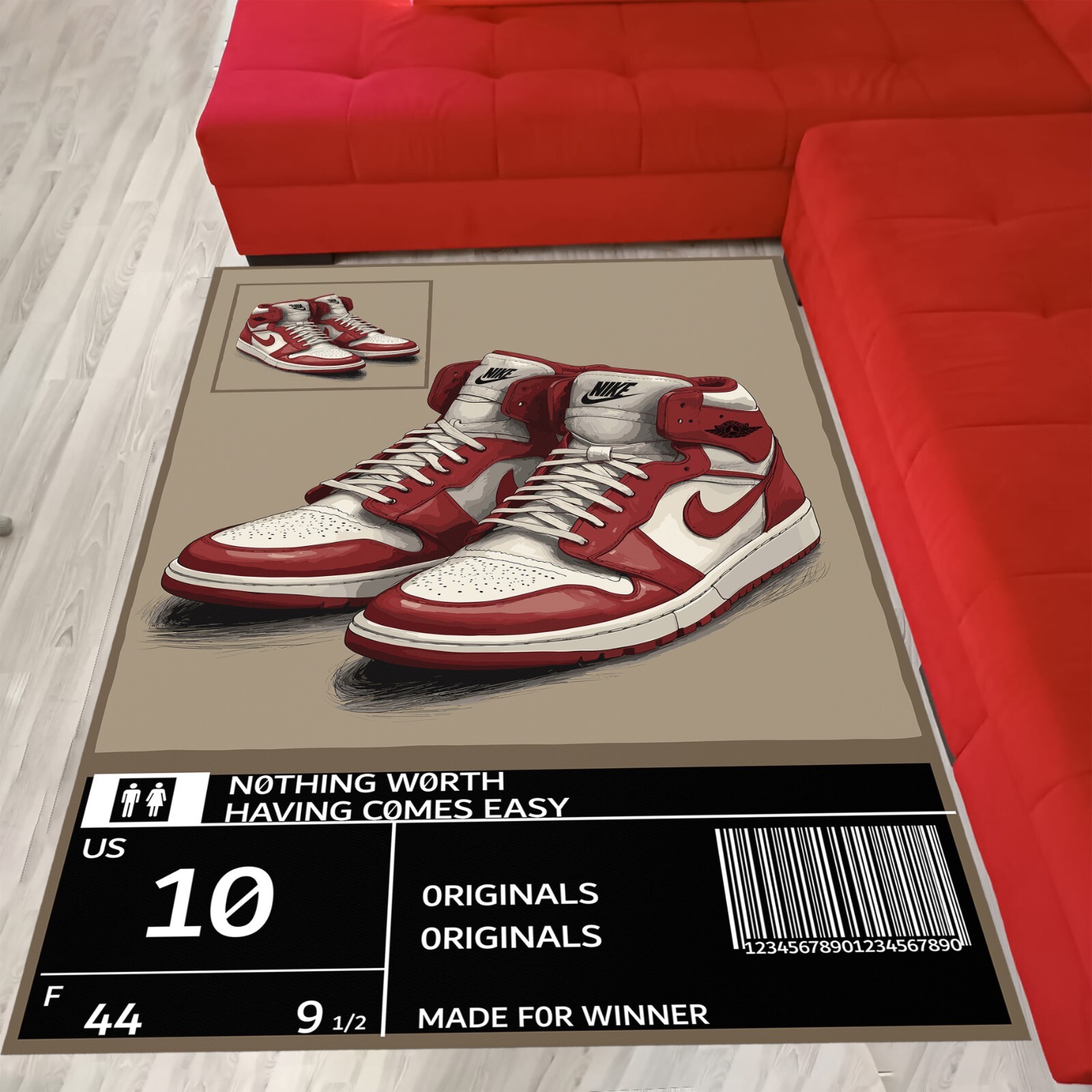 Hypebeast rug, sneaker rug, beige rug, sneaker room rug, red sneaker rug