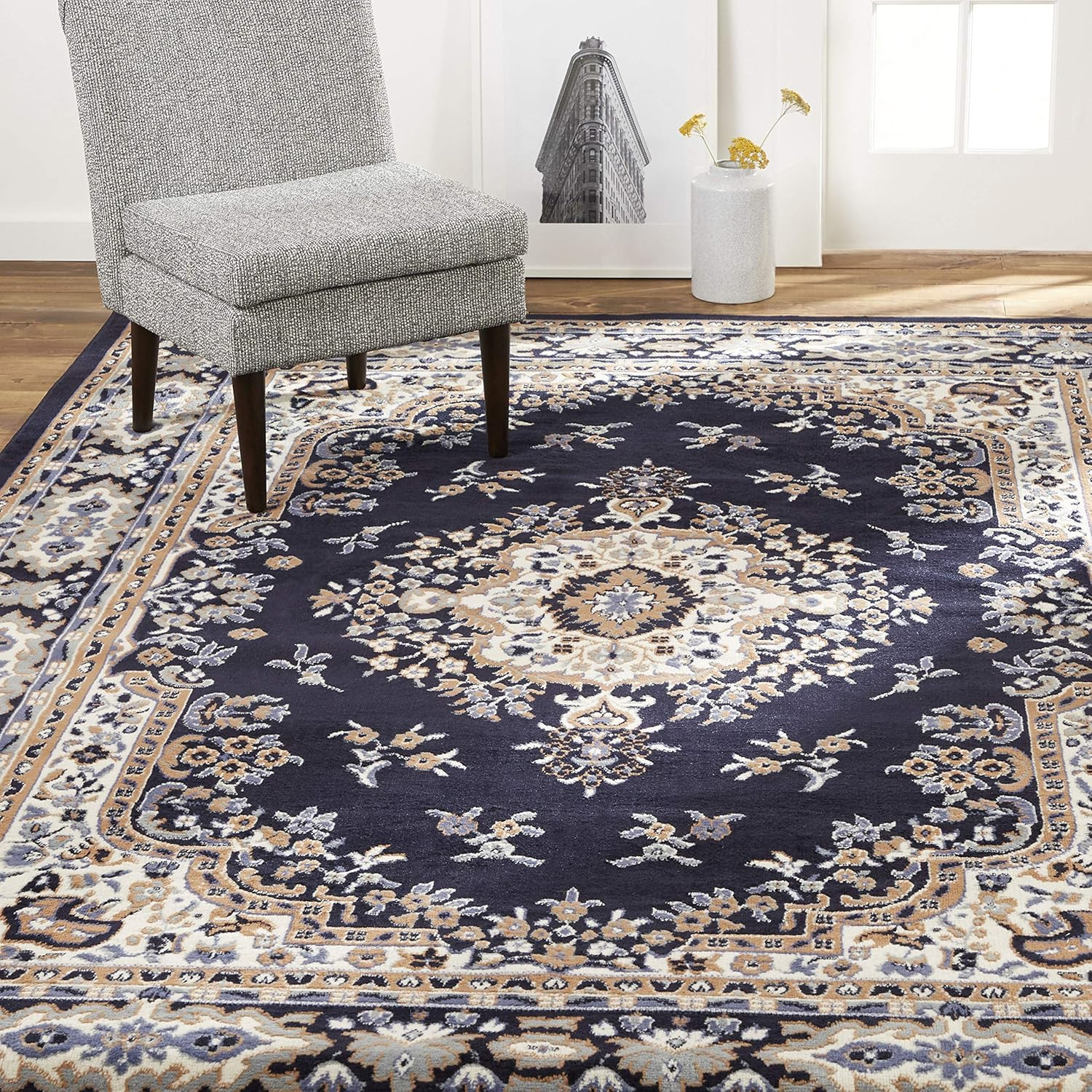 Premium Sakarya Traditional Medallion Border Area Rug, Navy Blue/Brown, 7’8″X10′