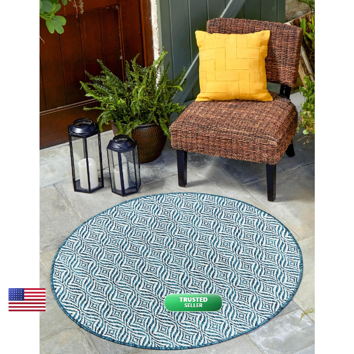 Unique Loom Outdoor Collection Area Rug – 4 1 Round Teal/ Ivory