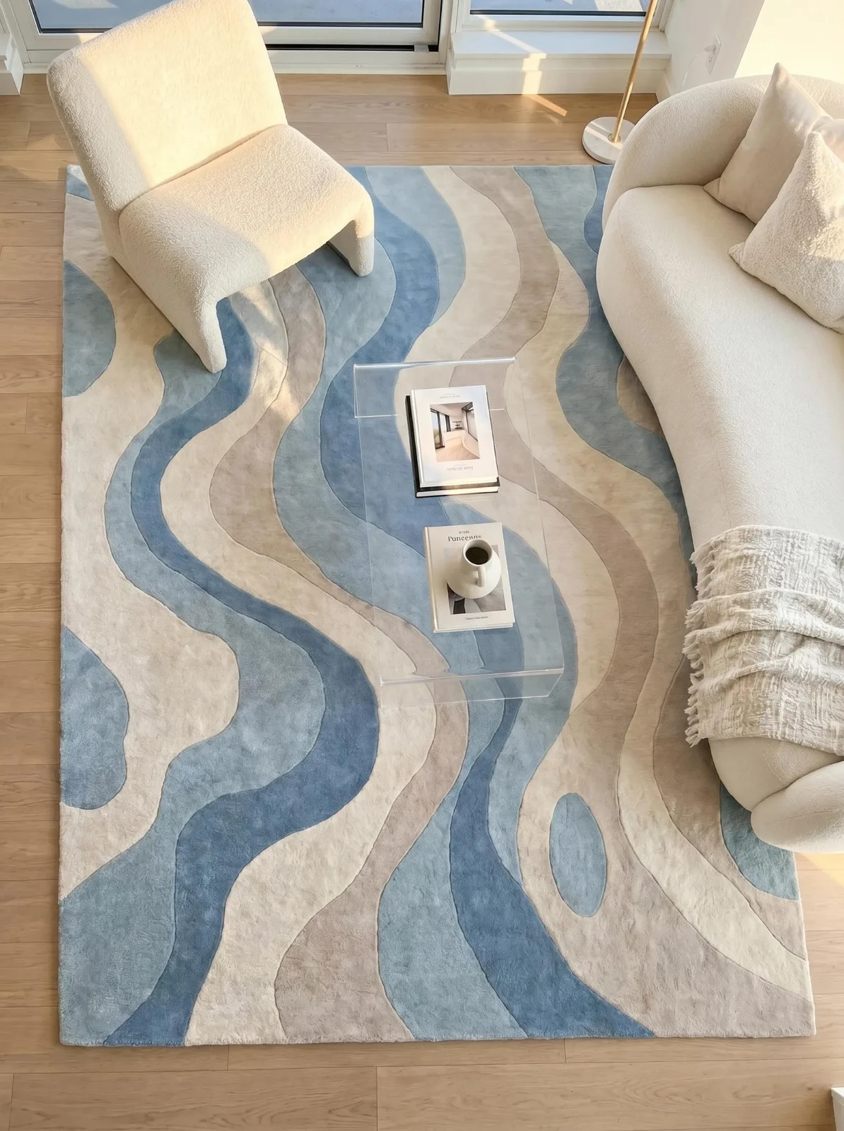 Hand Tufted Abstract Wave Rug, Blue Beige Wool Area Rug, Modern New Zealand Wool