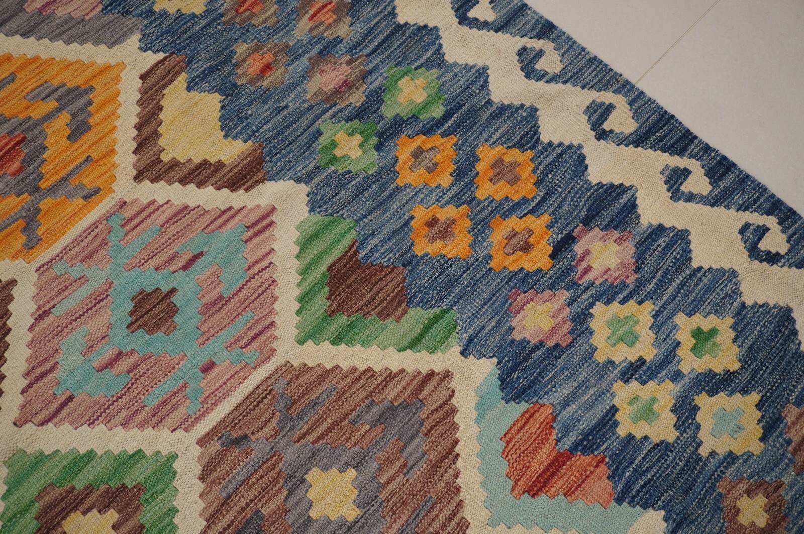 8×11 FT Afghan Beige Blue Hand woven Geometric Wool Kilim Area Rug 8’3×10’11”