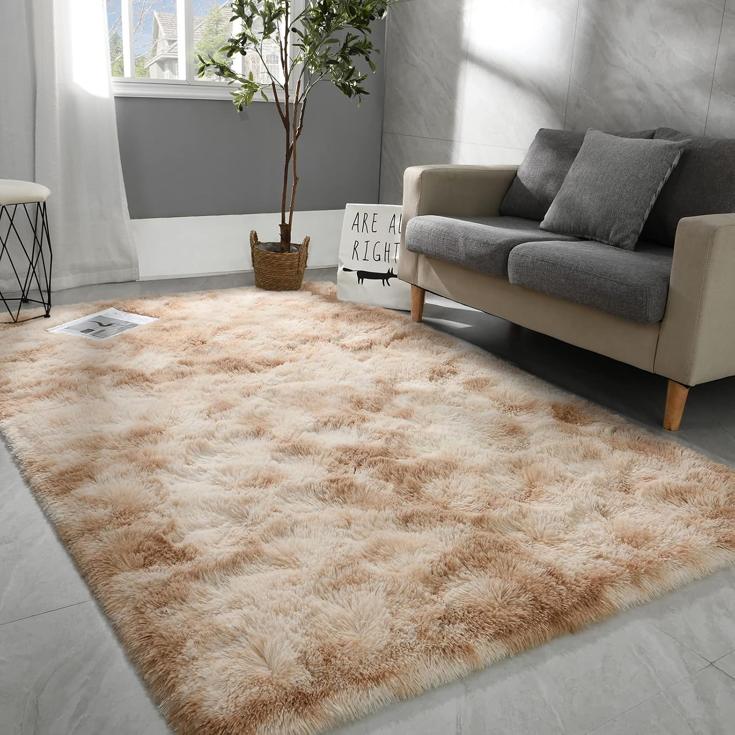 4X6 Large Washable Area Rugs for Living Room Tie-Dyed Light Grey | Non-Slip Indo