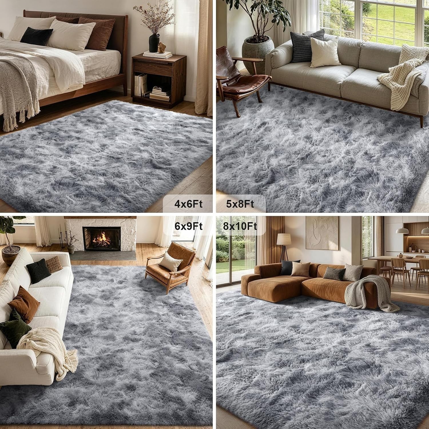 Soft Grey Area Rug 9×12 Feet Shag Non-slip Fluffy Carpet for Living Room