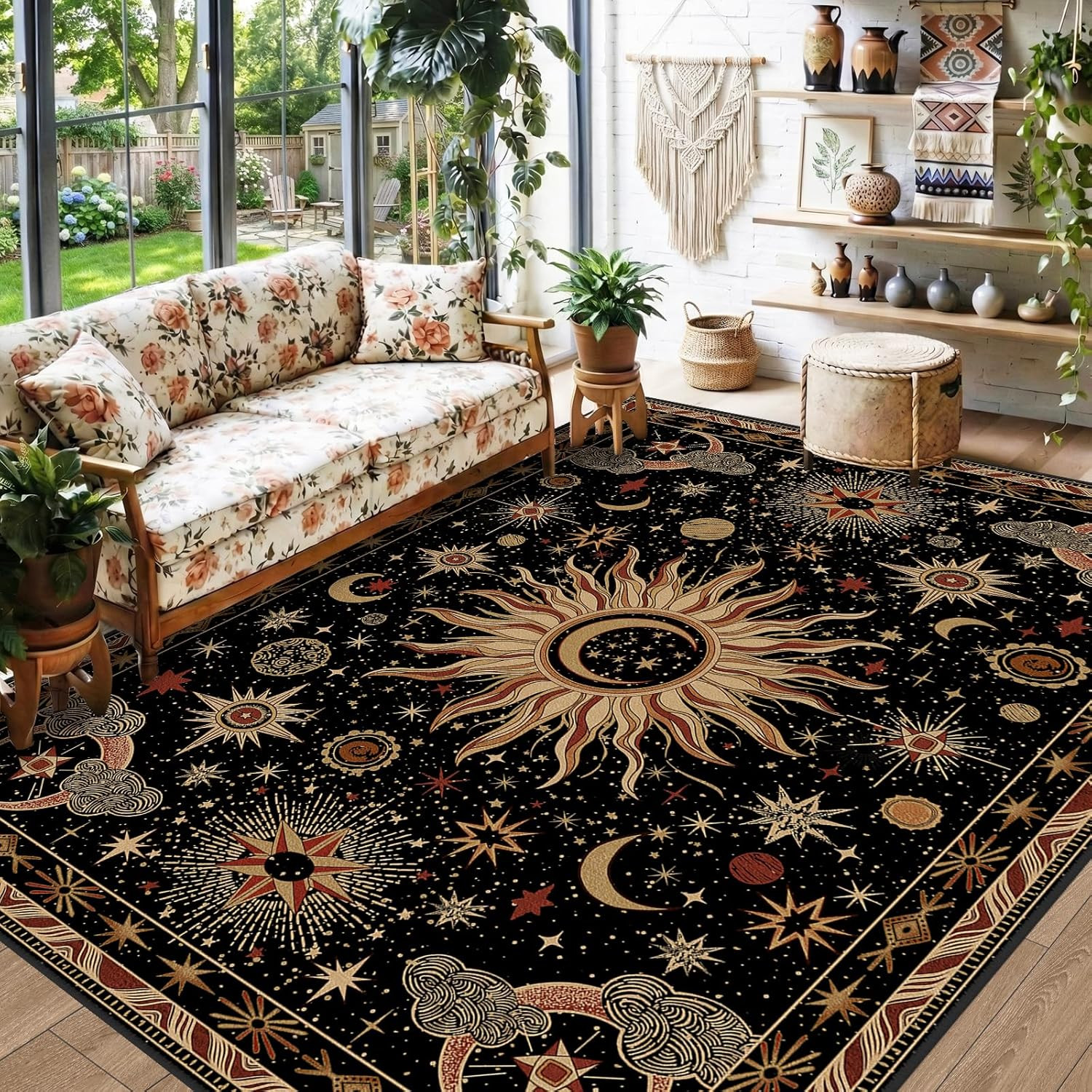5X7 Area Rugs, Washable Vacuum-Friendly Non-Slip Rug Vintage Boho Gothic Sun and