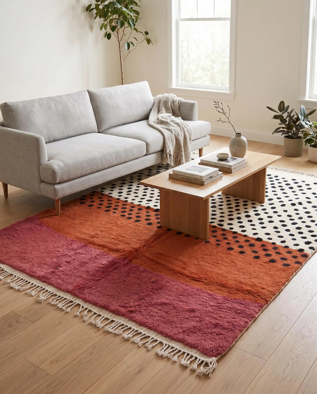 Moroccan Rug, Cream Terracotta Pink Color Block Dots, Hand Knotted Wool,