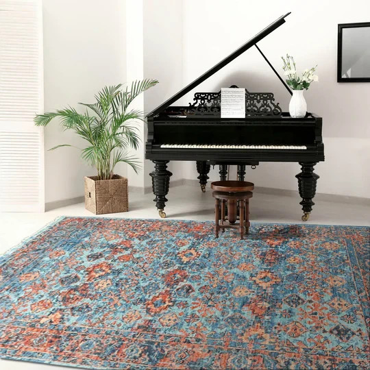 Oushak Hand Knotted Wool Rug Blue Burnt Orange Arts & Crafts Turkish Multi Size
