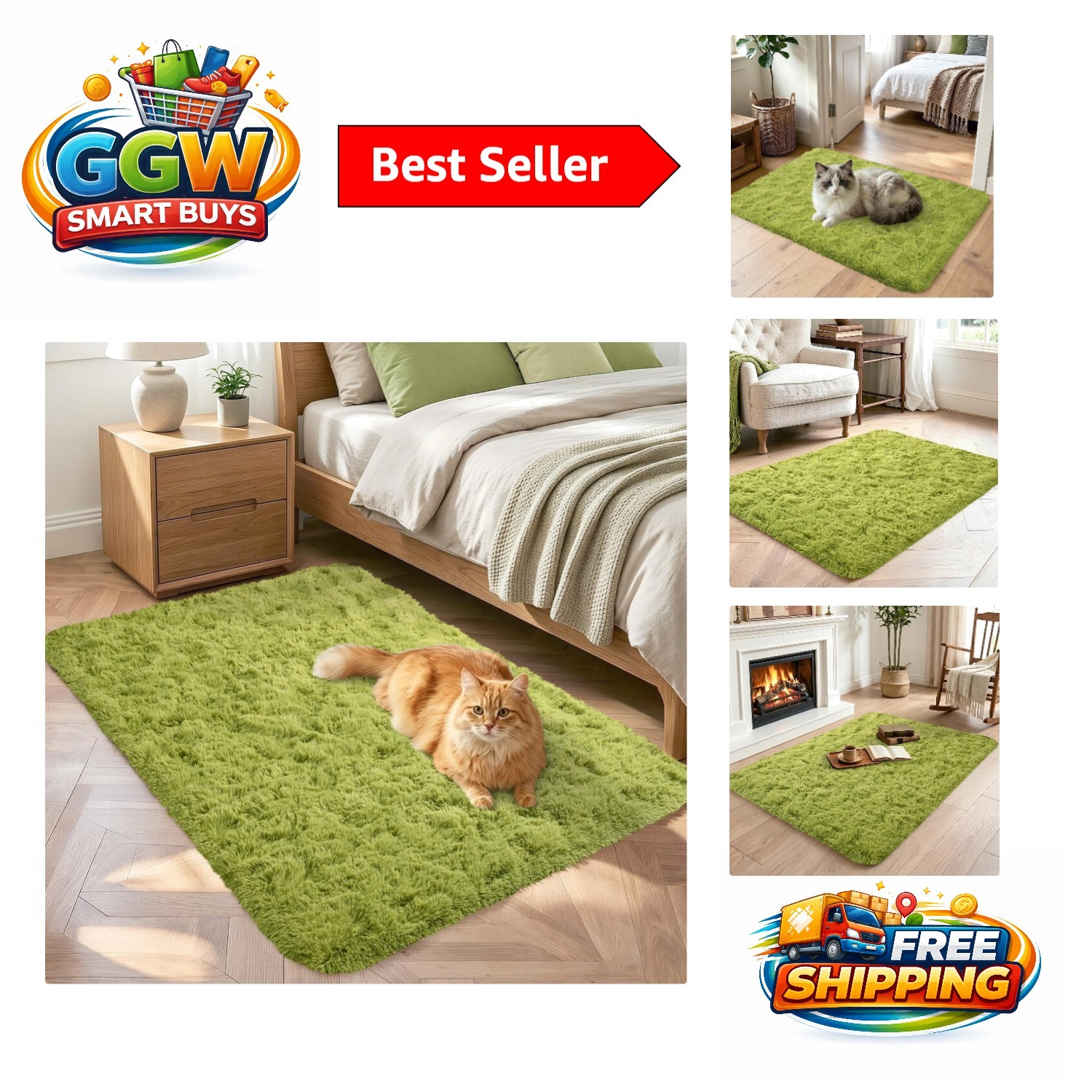 Cozy 2×3 Green Non-Slip Area Rug – High Pile Shag for Living Room Elegance