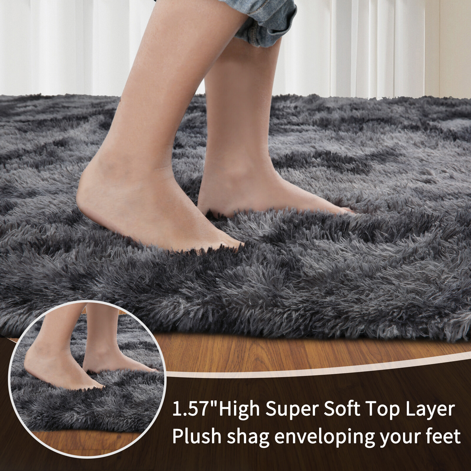 Large Size Shaggy Fluffy Area Rugs Carpets Living room Bedroom Tiedye Dark Grey