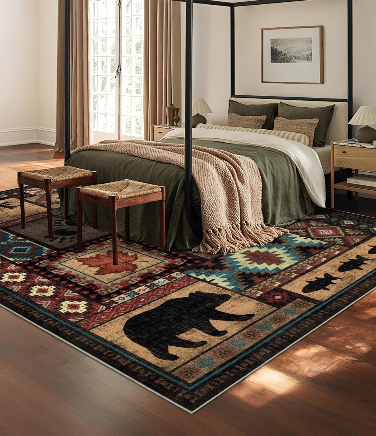 Rustic Cabin Area Rug 8×10,Machine Washable Lodge Bear Rug,Non-Slip Low Pile Pri