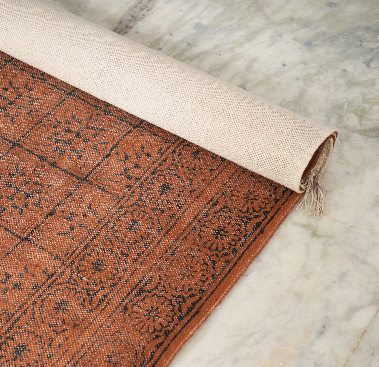 Deep Brown & Black Floral Hand Block Print Cotton Rug Pattern Use For Entryway