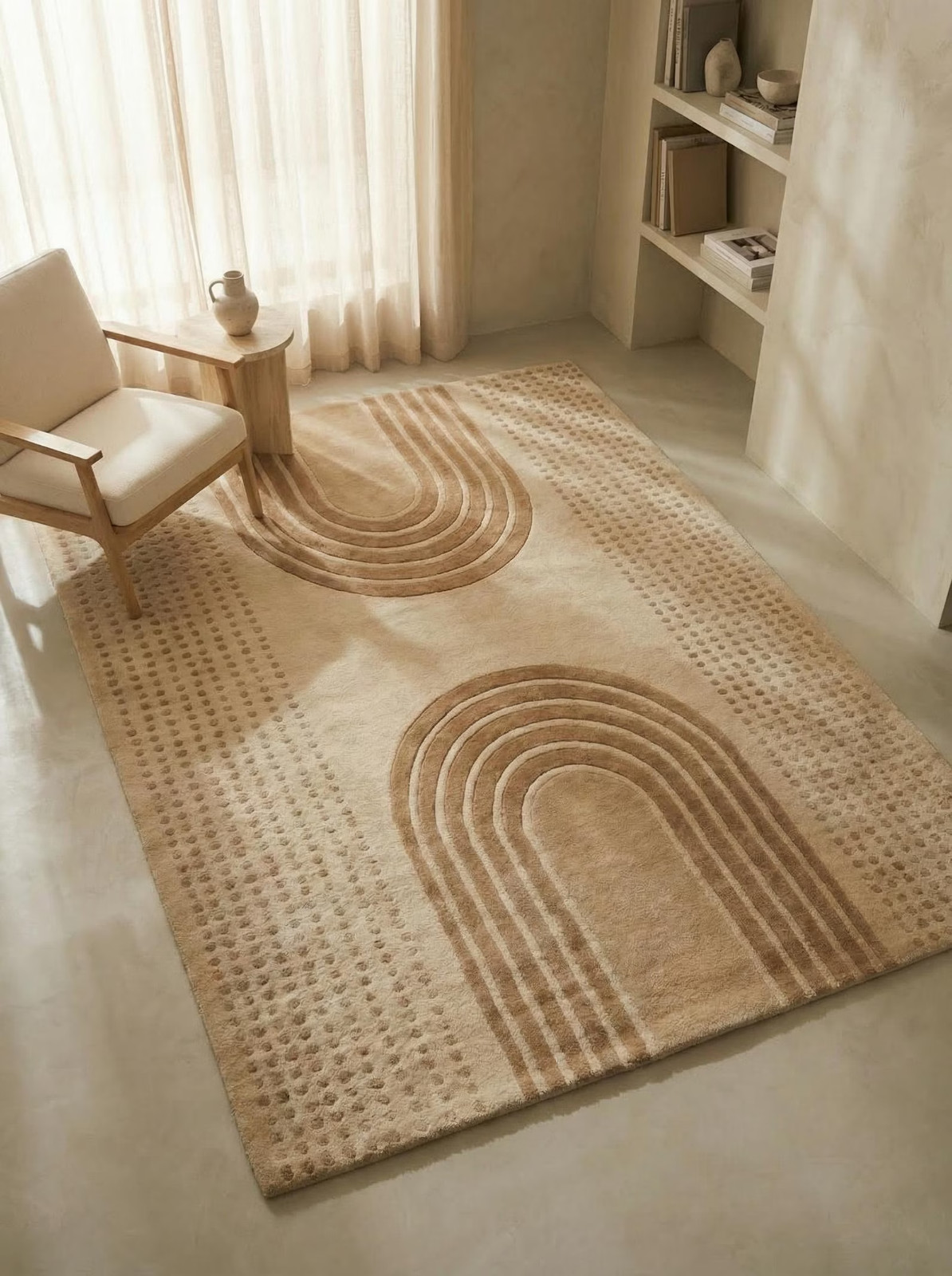 Hand Tufted Neutral Wool Rug, Modern Arch Pattern Beige Area Rug, Scandinavian