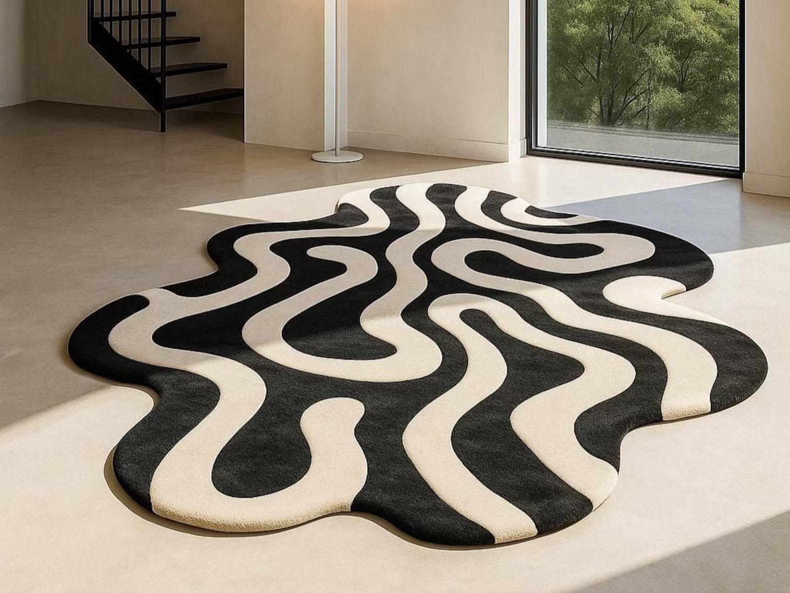 6×9|7×10 Hand Tufted New Zealand Wool Wavy Rug: Black & Cream Abstract Carpet