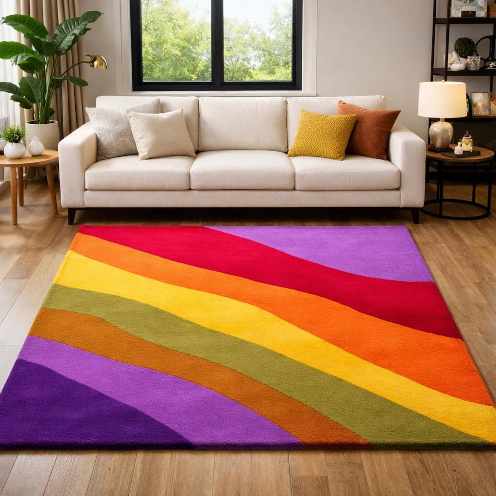 Rainbow Tufted Wool Rug, Modern Handmade Plush Carpet, Living Room Floor Rug