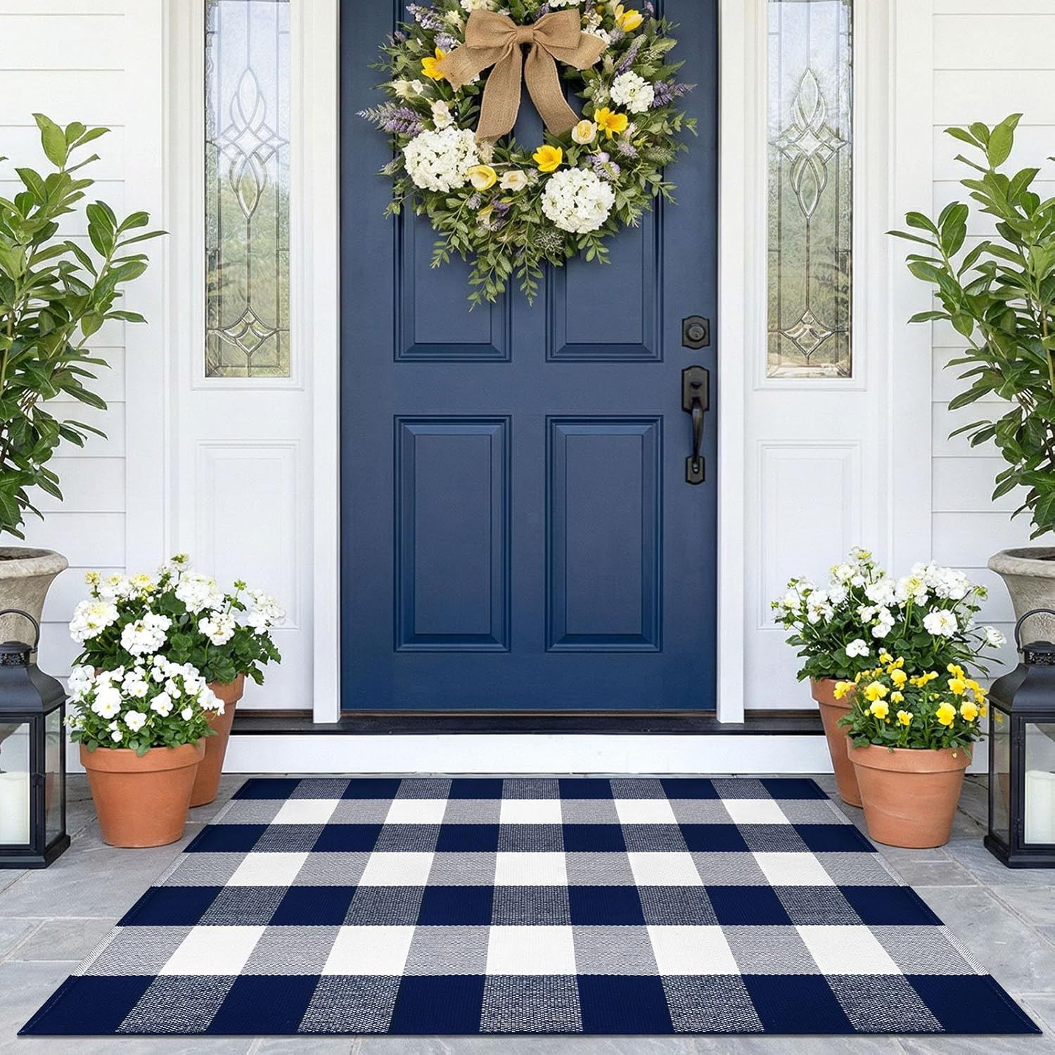 Buffalo Plaid Area Rugs 2.3X3.6 Ft Blue and White Rug Washable Front Door Mat Wo