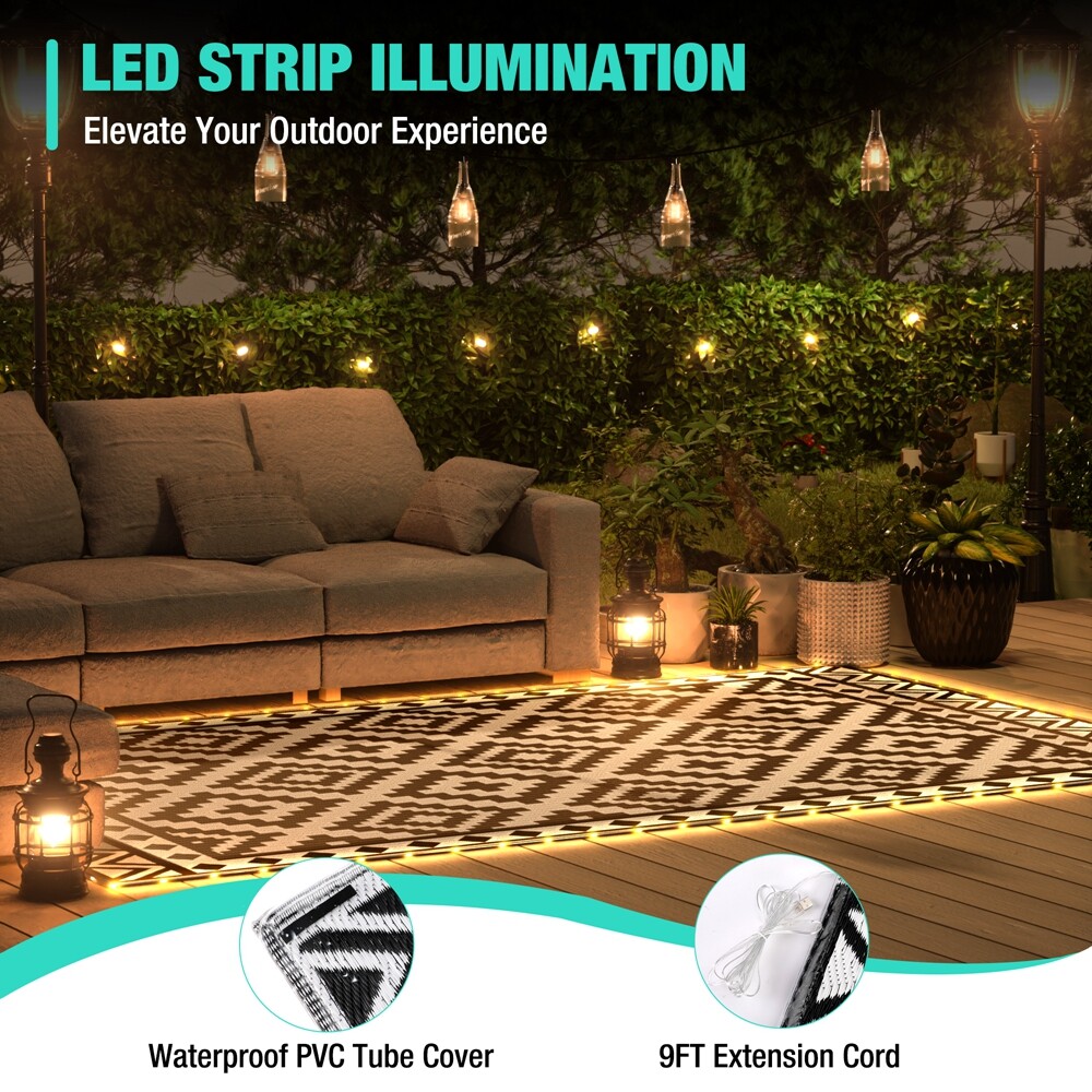 HAUSHOF 8FT Outdoor Rug Waterproof LED Strip Light Reversible Plastic Straw Rugs