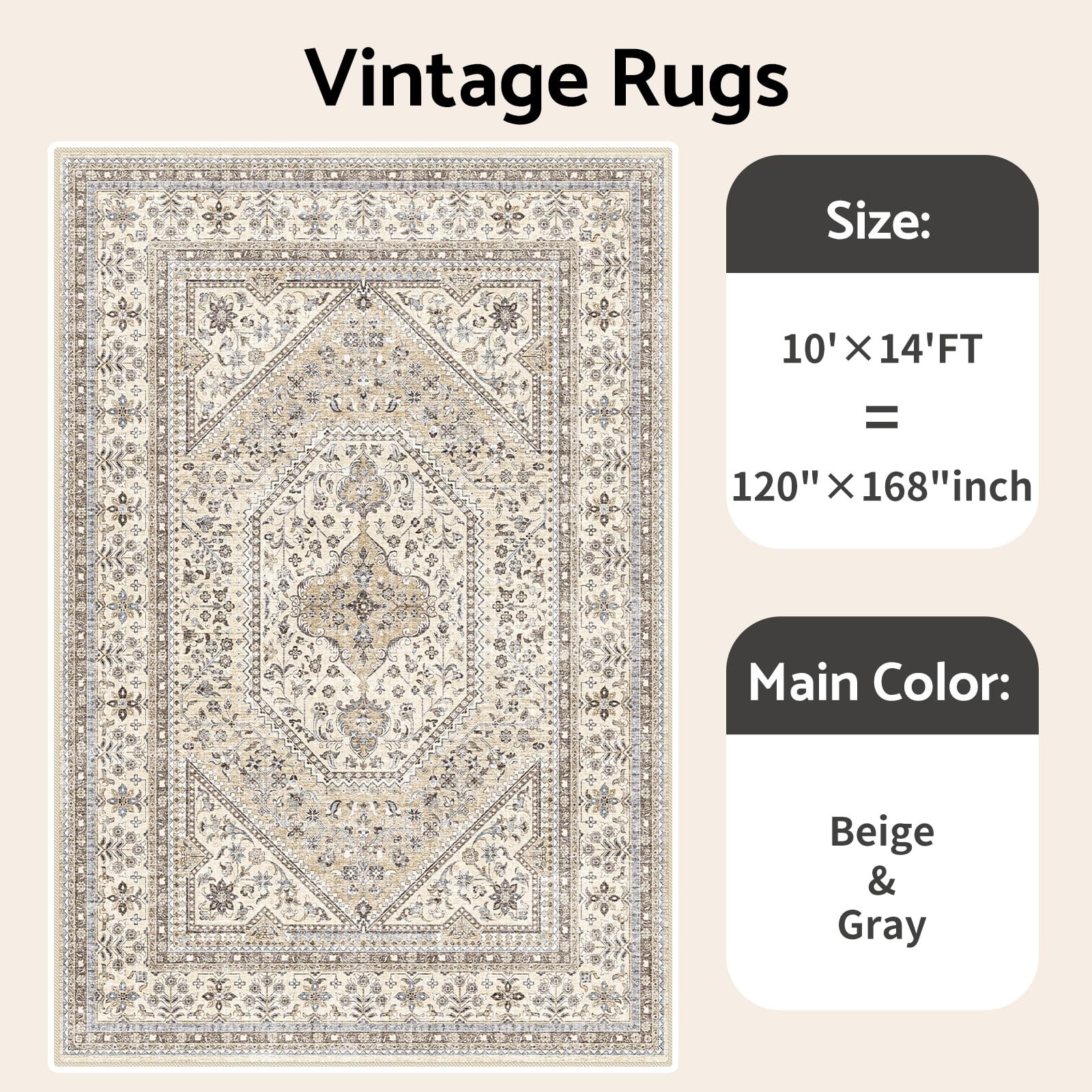 Puino 10×14 Washable Vintage Rug: 10′ x 14′ (Rectangular), Beige/Gray