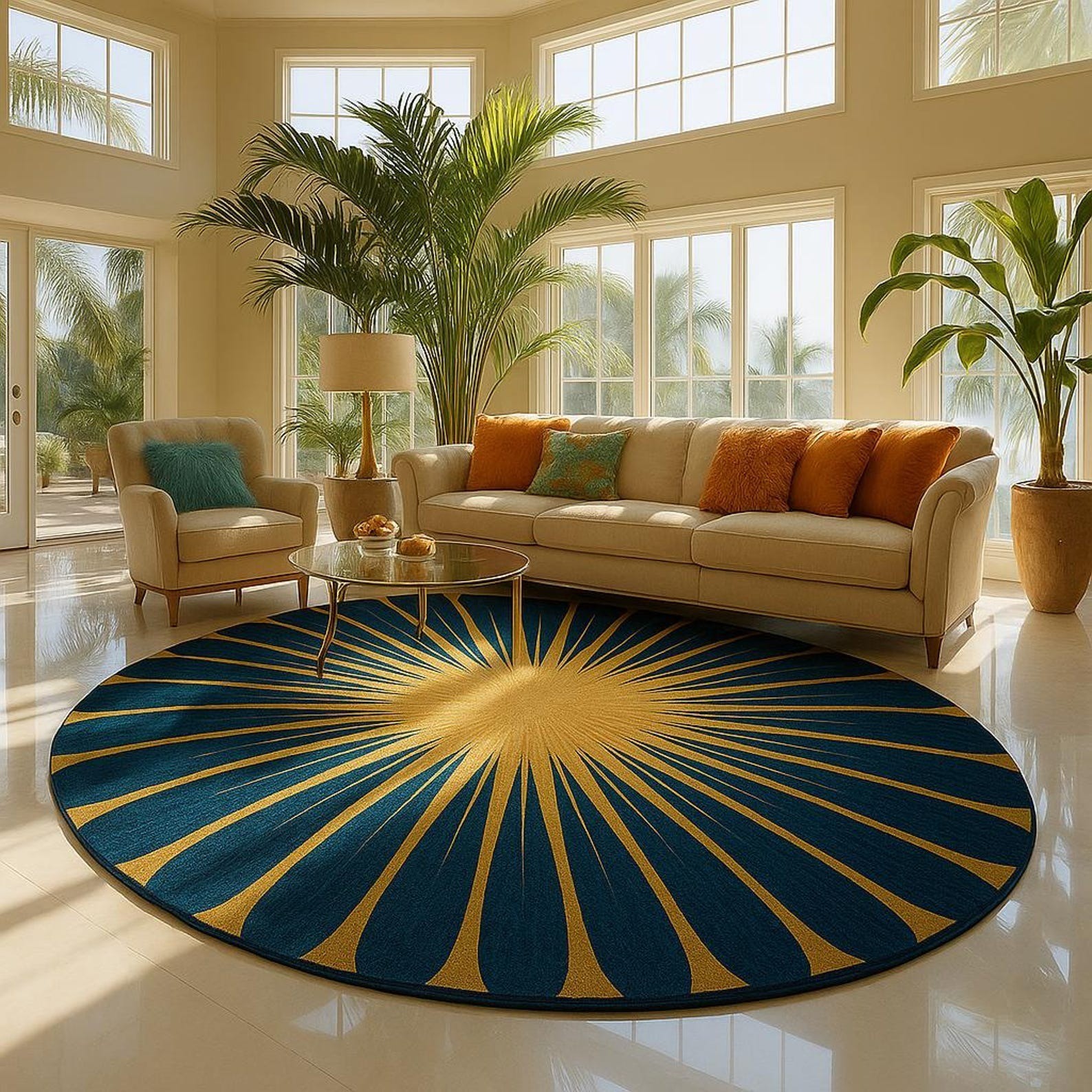 Sunburst Modern Round Hand Tufted Wool Rug Blue & Mustard Yellow Accent Carpet