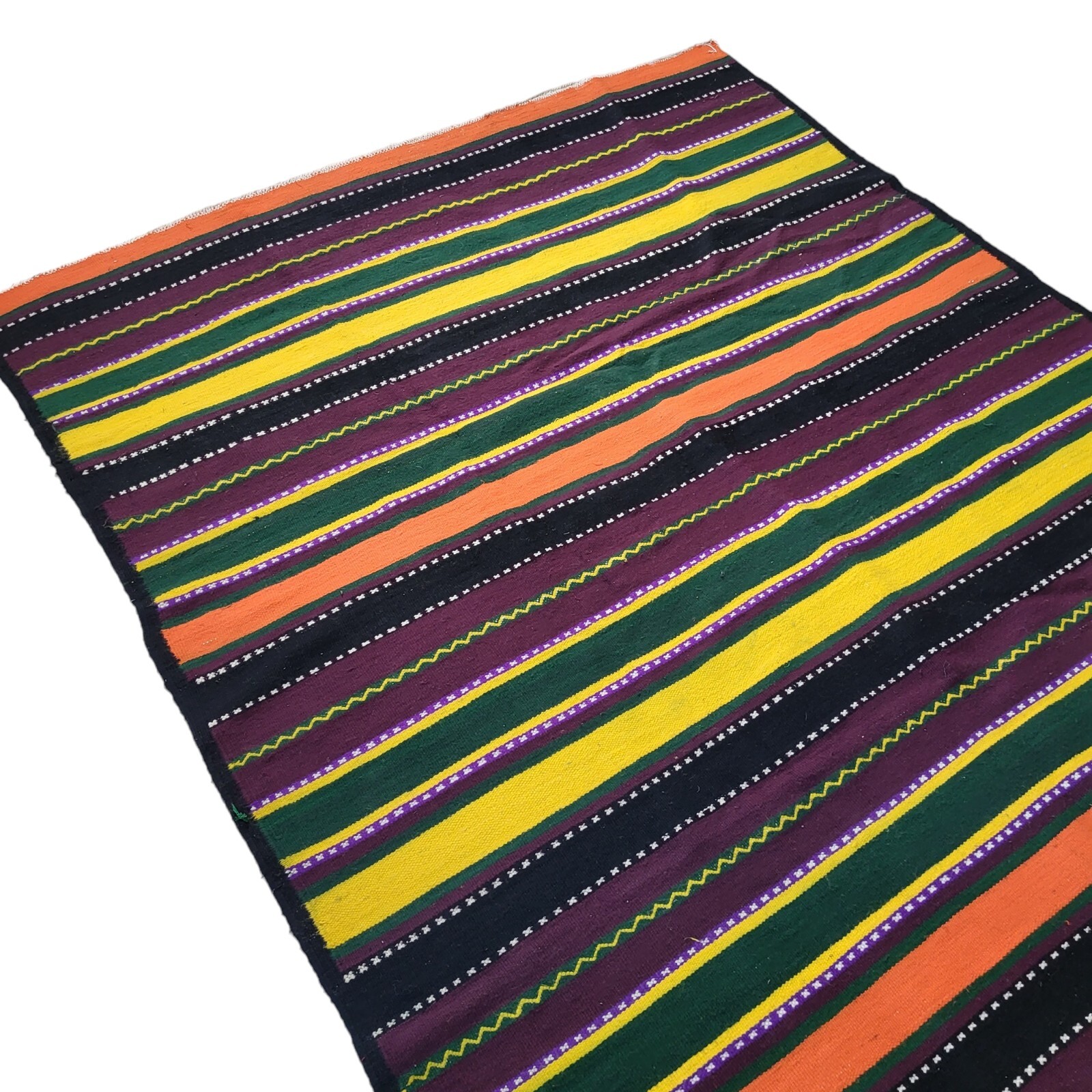 Vintage Handmade Moroccan Rug Orange Black Gold Stripe Berber Tribal Wool Carpet