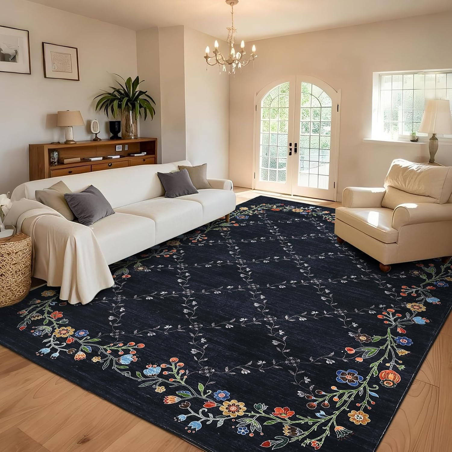 9X12 Floral Washable Area Rug, Black Vintage Boho Low Pile Non Slip, Stain Resis