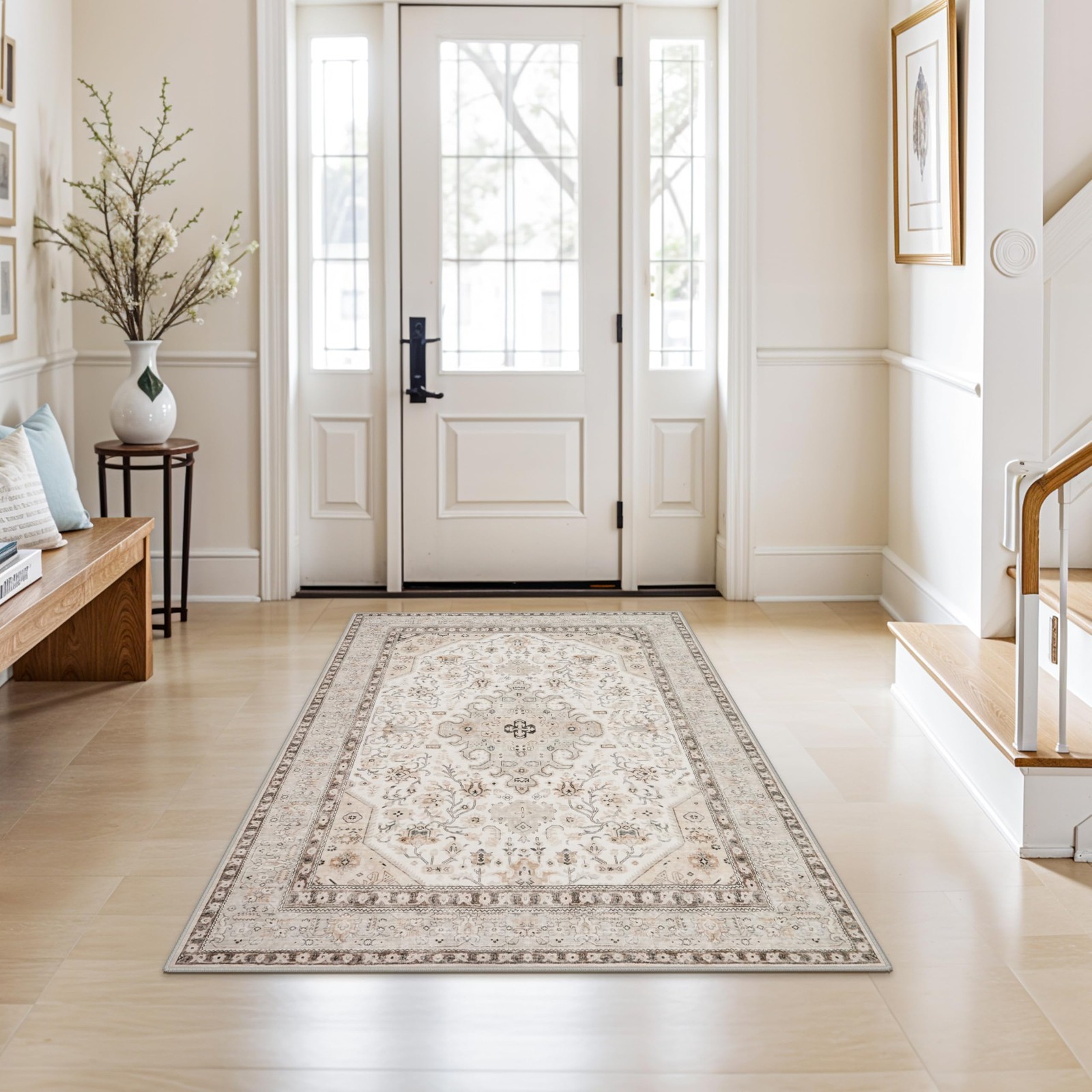 4×5 Rug Entryway Washable: Non-Slip Oriental Area Rug for Bathroom Kitchen- F…