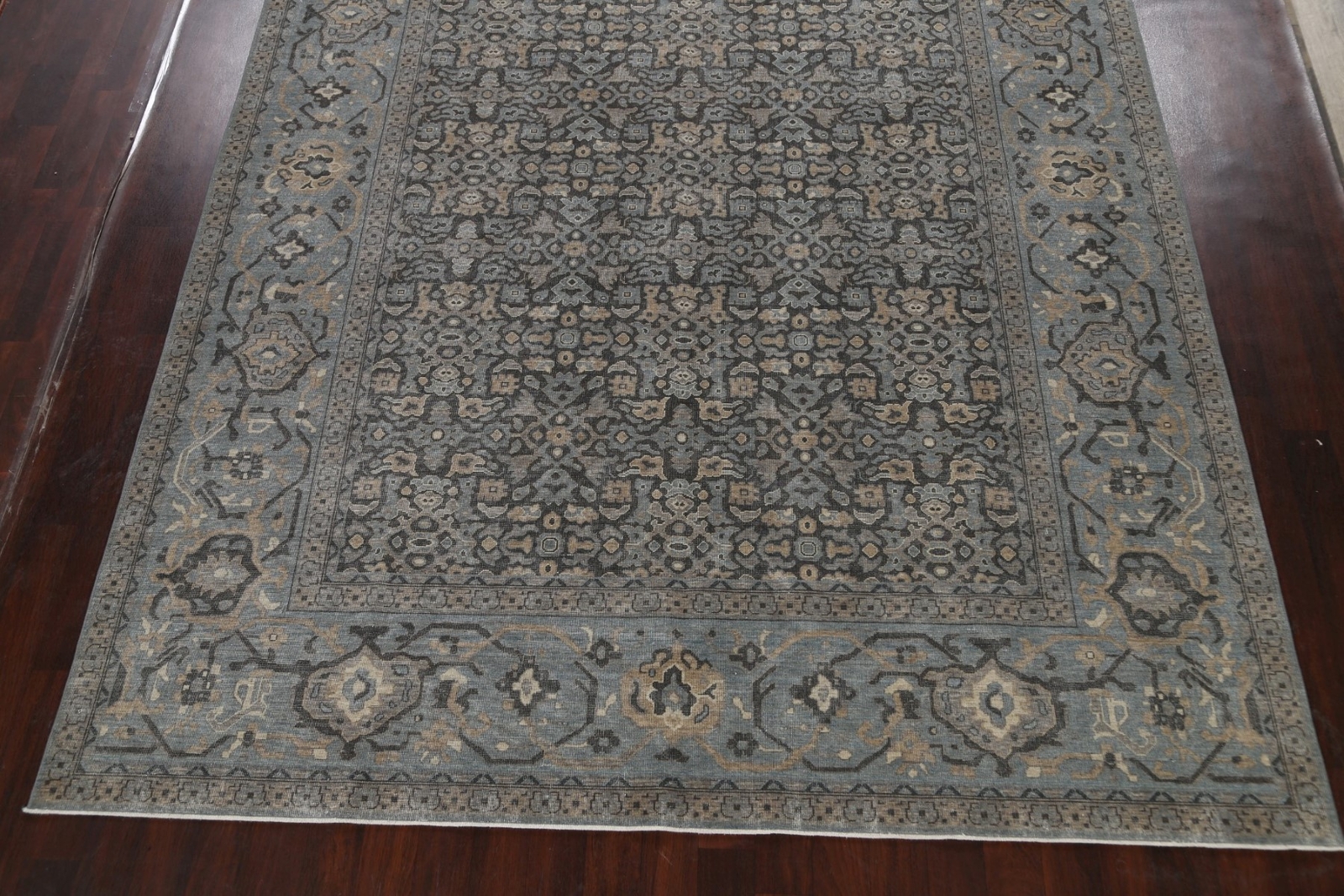 Silver Washed Charcoal Geometric Turkish Ziegler Rug 10×13 ft Luxury Living Room