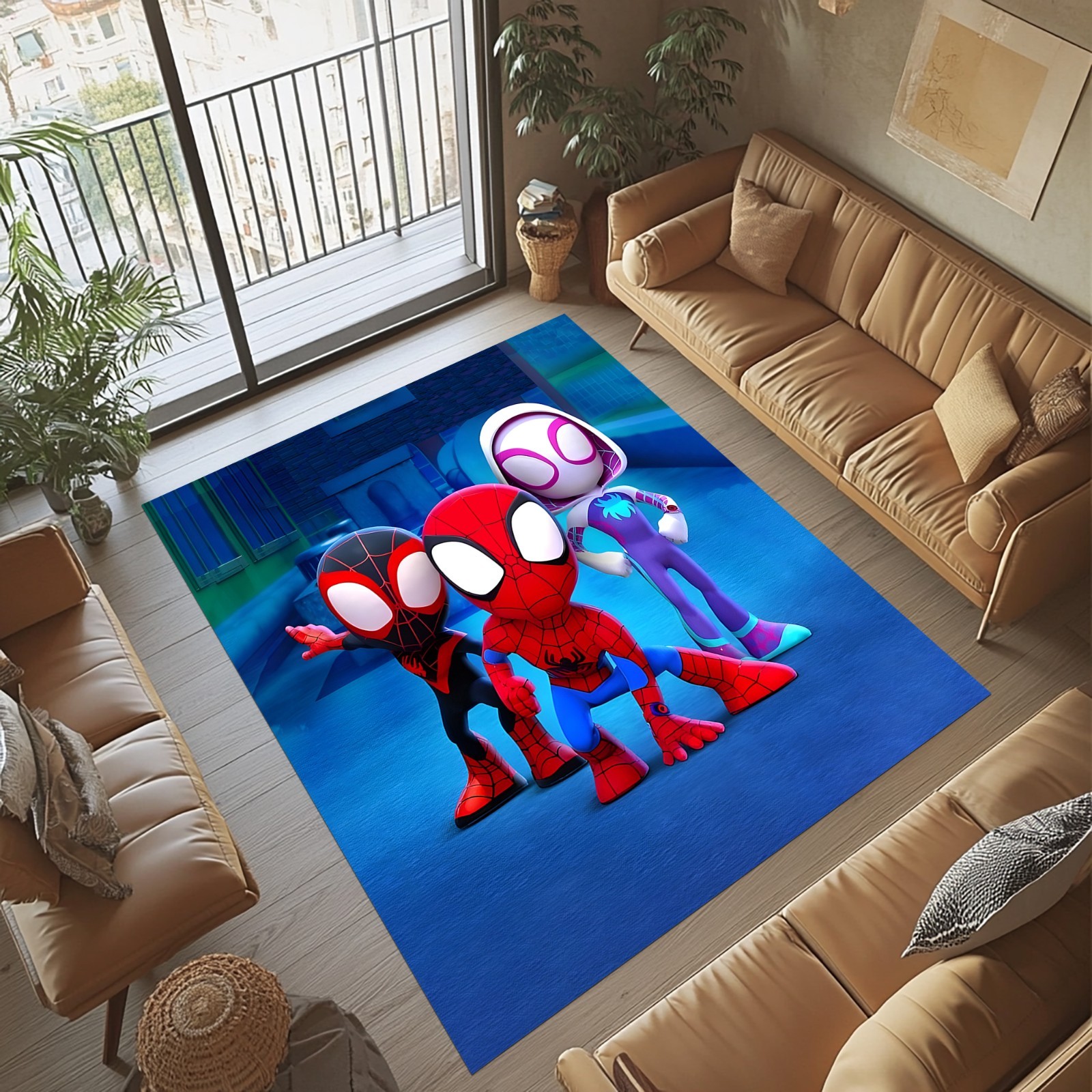 Spider Hero Rug, Blue Cartoon Character Carpet, Red Black Kids Design, hero Rugs