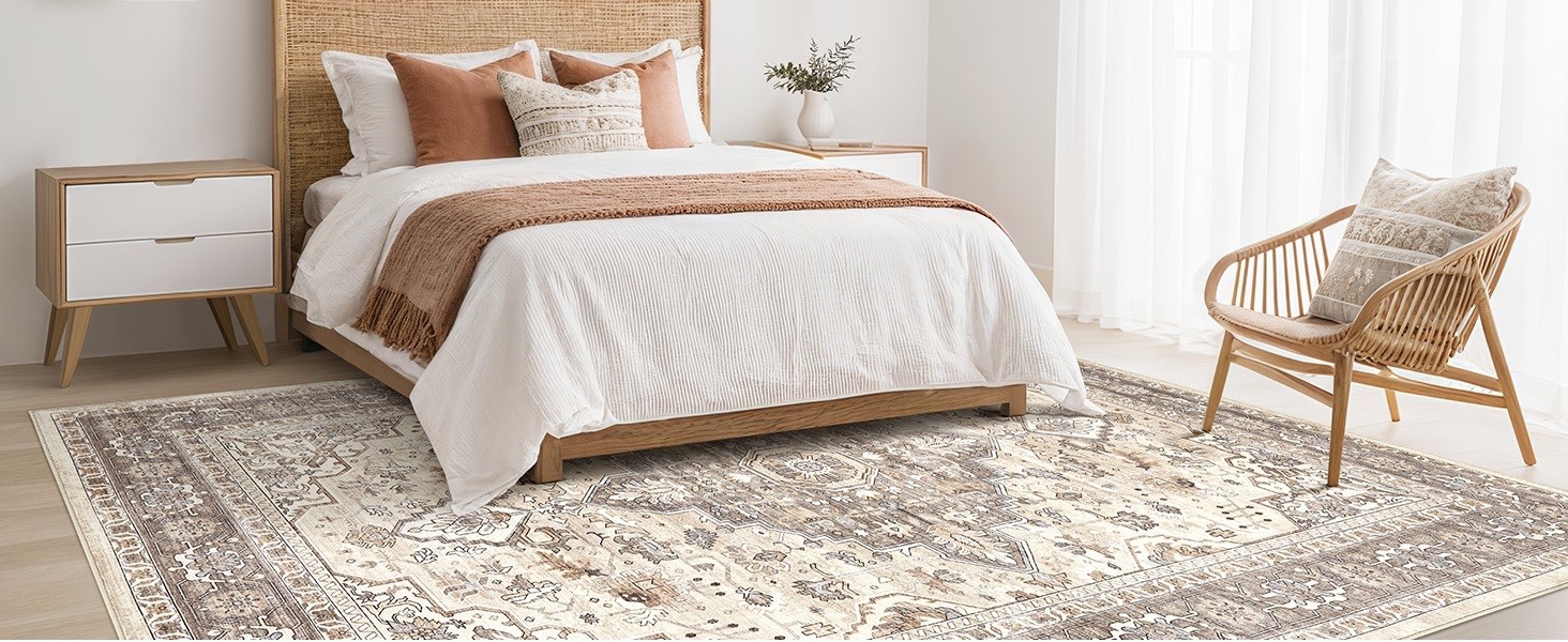 Washable Area Rug, Non-Slip Boho Farmhouse Vintage Carpet, Beige/Brown, 5×7