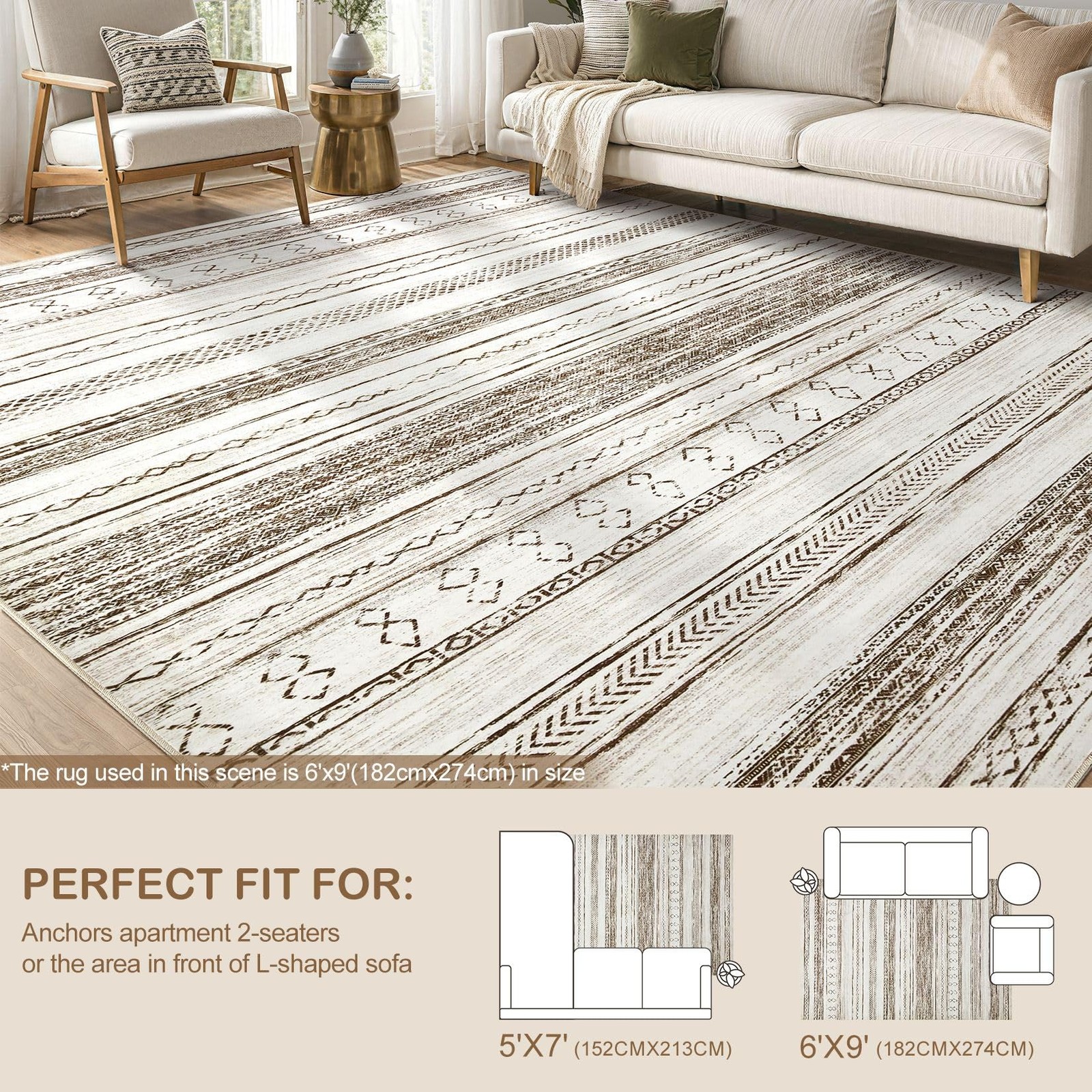 Area Rug Living Room Rugs – 5×7 Washable Large Soft Neutral Boho Moroccan Boh…