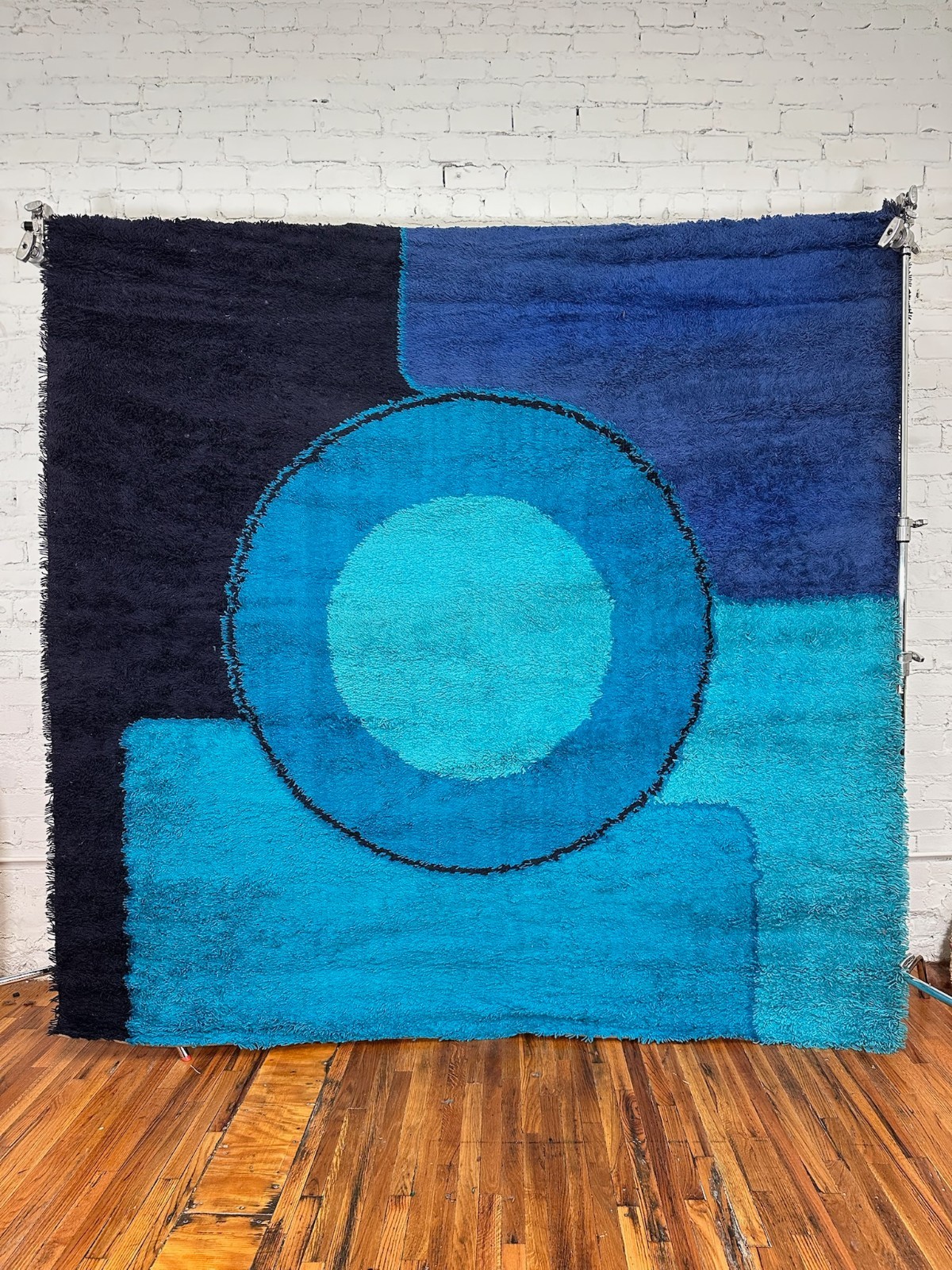 60’s 70’s Navy Teal Blue Circle UNUSED Mid Century Modern Wool Rya Rug