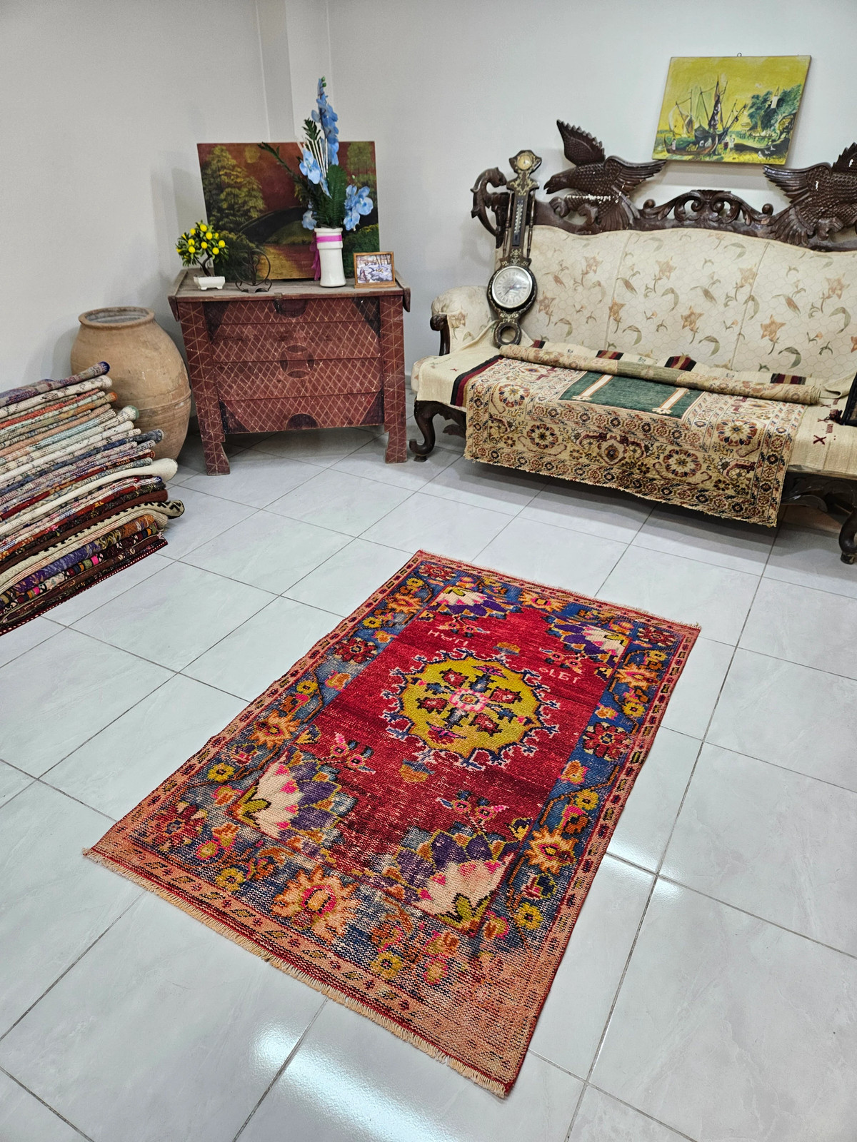 Red Bohemian Wool Rug, Handwoven Vintage Decor (3.2 x 4.8 ft)