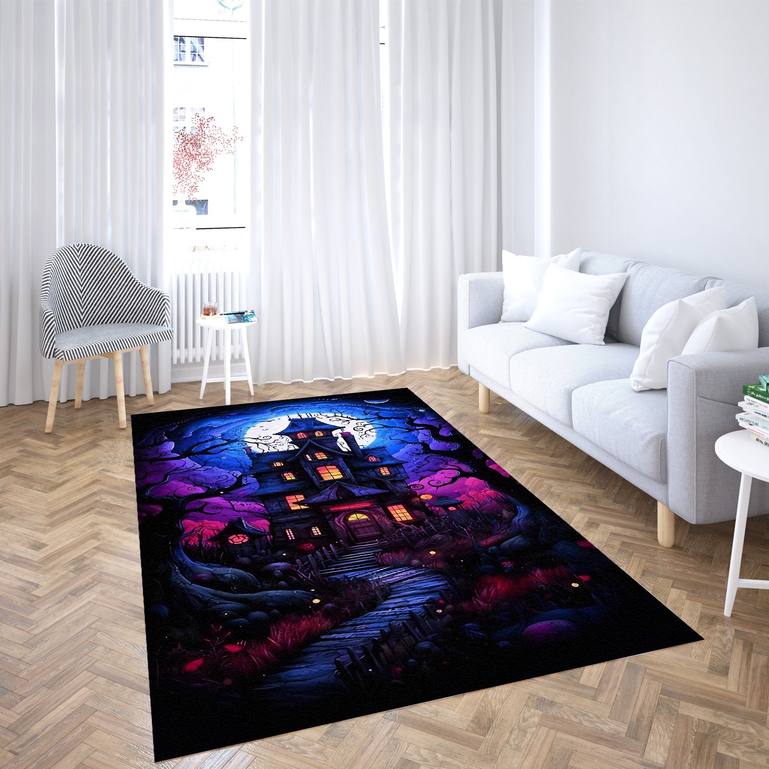 Spooky Black Cat & Pumpkin Area Rug | Halloween Pattern Home Decor