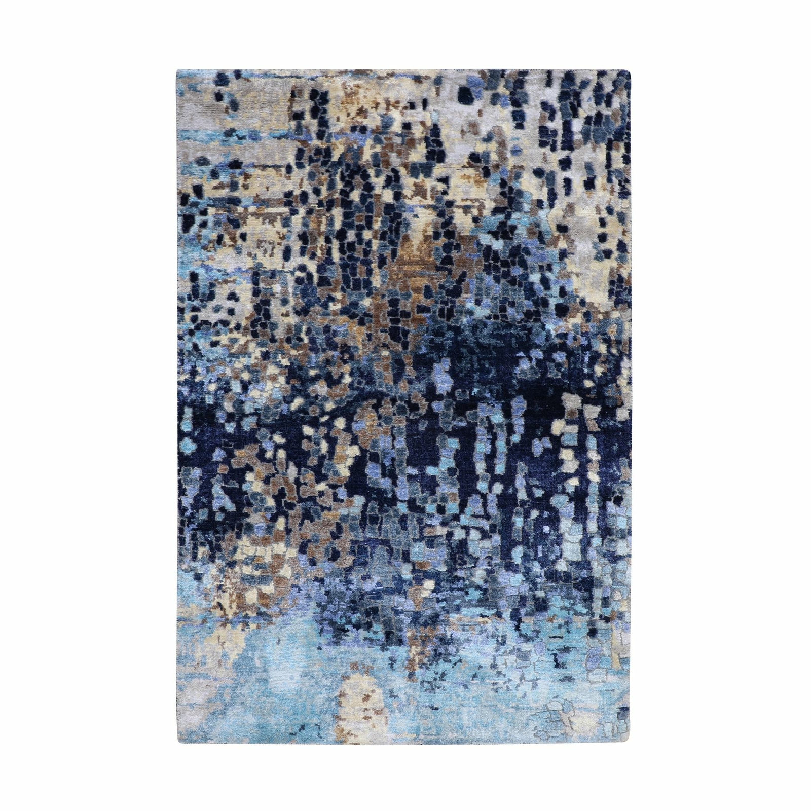 3’x4’9″ Blue Mosaic Design Wool And Silk Hand Knotted Oriental Rug R58288
