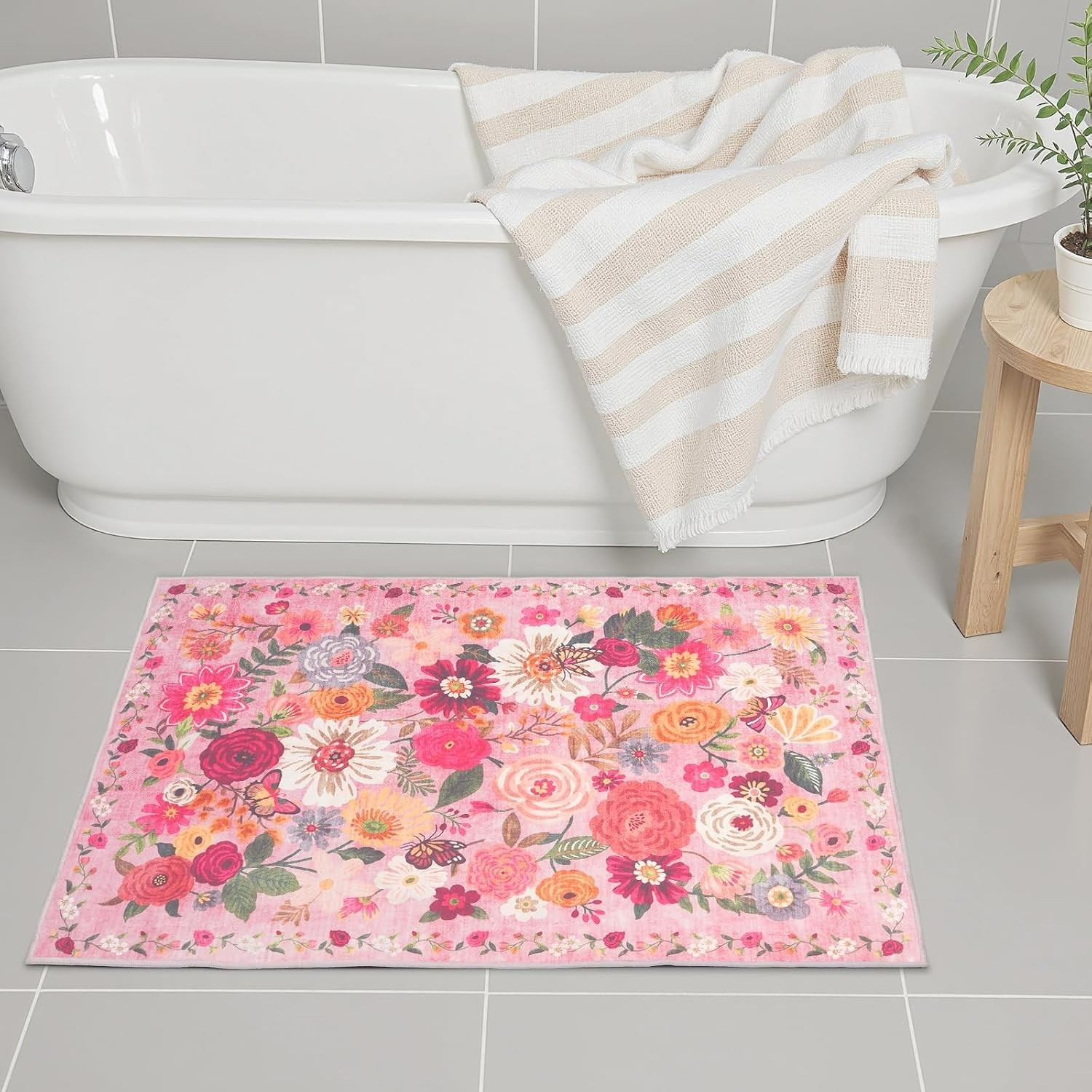 Ultra-Thin Pink Floral Non-Slip Mat – 24×17 Inch Bath Rug for Safe, Chic Spaces
