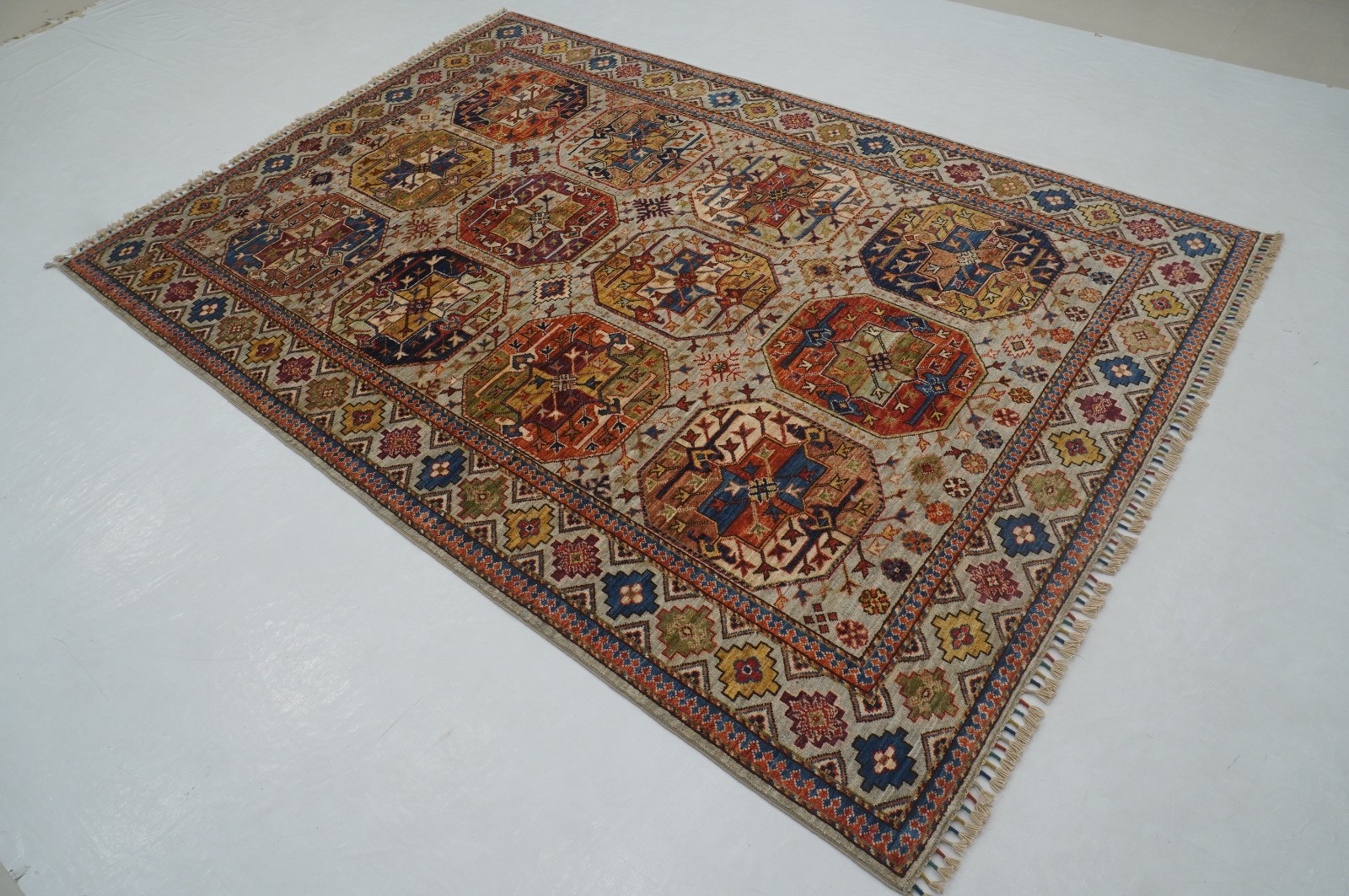 6×8 ft Gray Ersari Afghan Hand Knotted Wool Oriental Rug