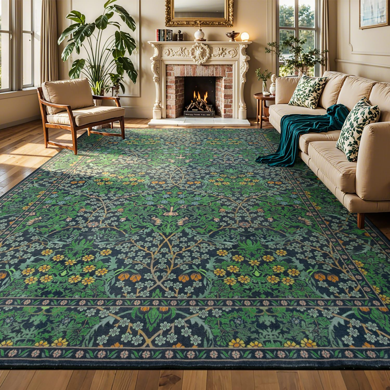 Boho Floral Extra Large Area Rug 10×14 – Soft, Washable, Non-Slip Design