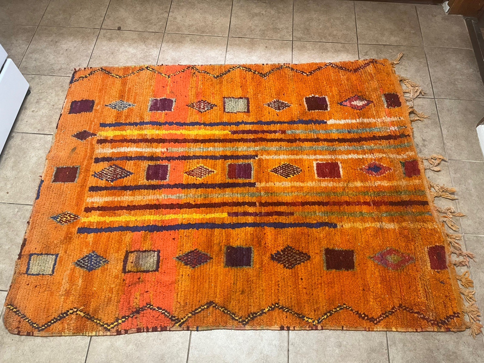 Moroccan Handmade Vintage Rug 5 x 6’3 Berber Striped Orange Wool Carpet Eames