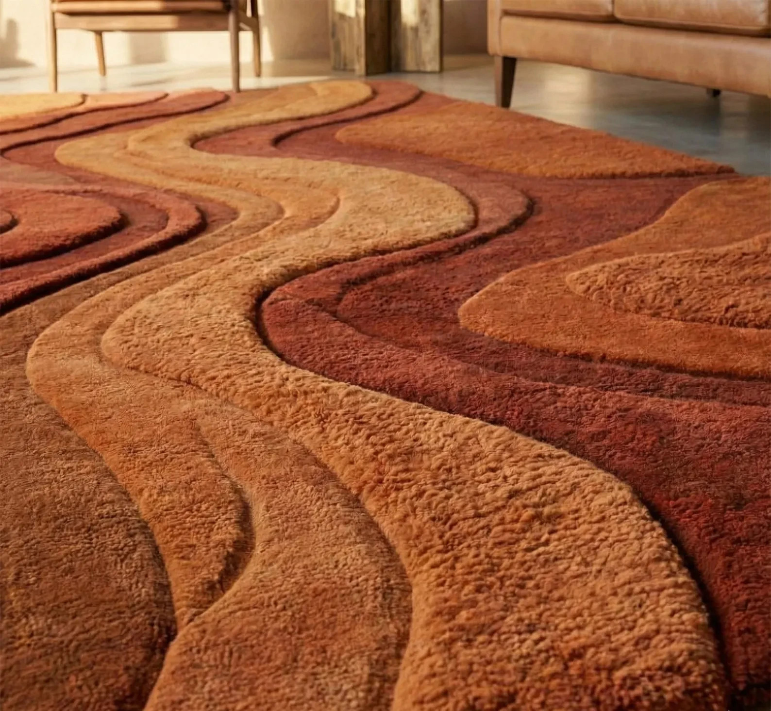 Hand-Tufted Desert Wave Wool Rug Sculpted Sand Dune Design in Terracotta Carpet