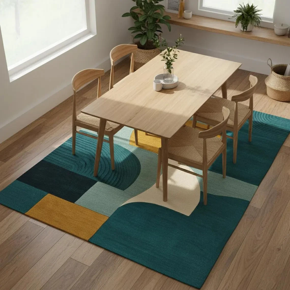 Mid Century Modern Hand Tufted Rug Teal Mustard Yellow Geometric 3D Area Carpet