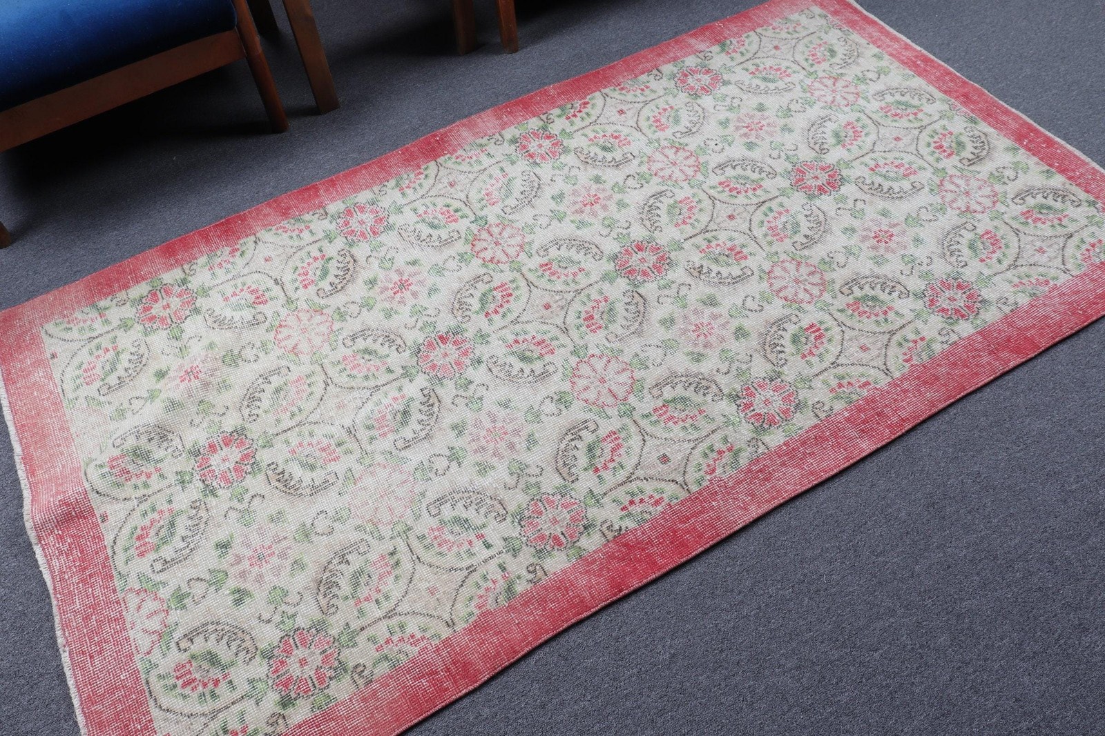 Vintage Rug, 3,7×6,7 ft Area Turkish Rug, Red Green Floral Rug