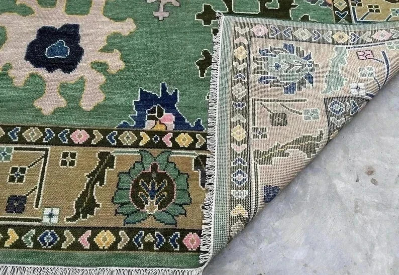 Hand Knotted Turkish Oushak Rug Green Wool Floral Vintage Style Area Rug