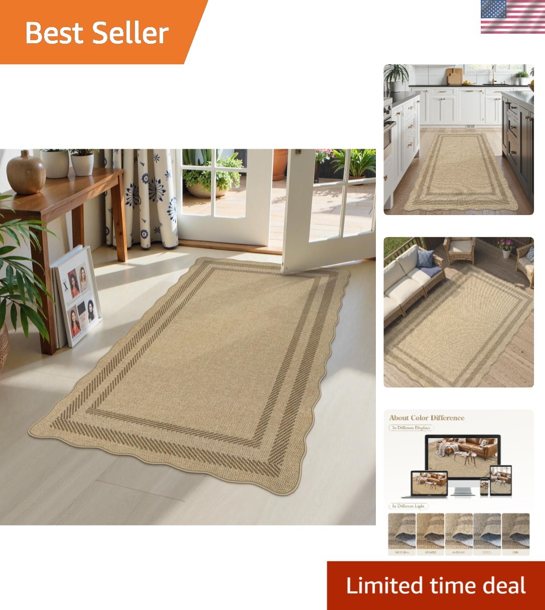 Chic Scalloped 3×5 Rug – Indoor/Outdoor Non-Slip Area Mat for Modern Homes