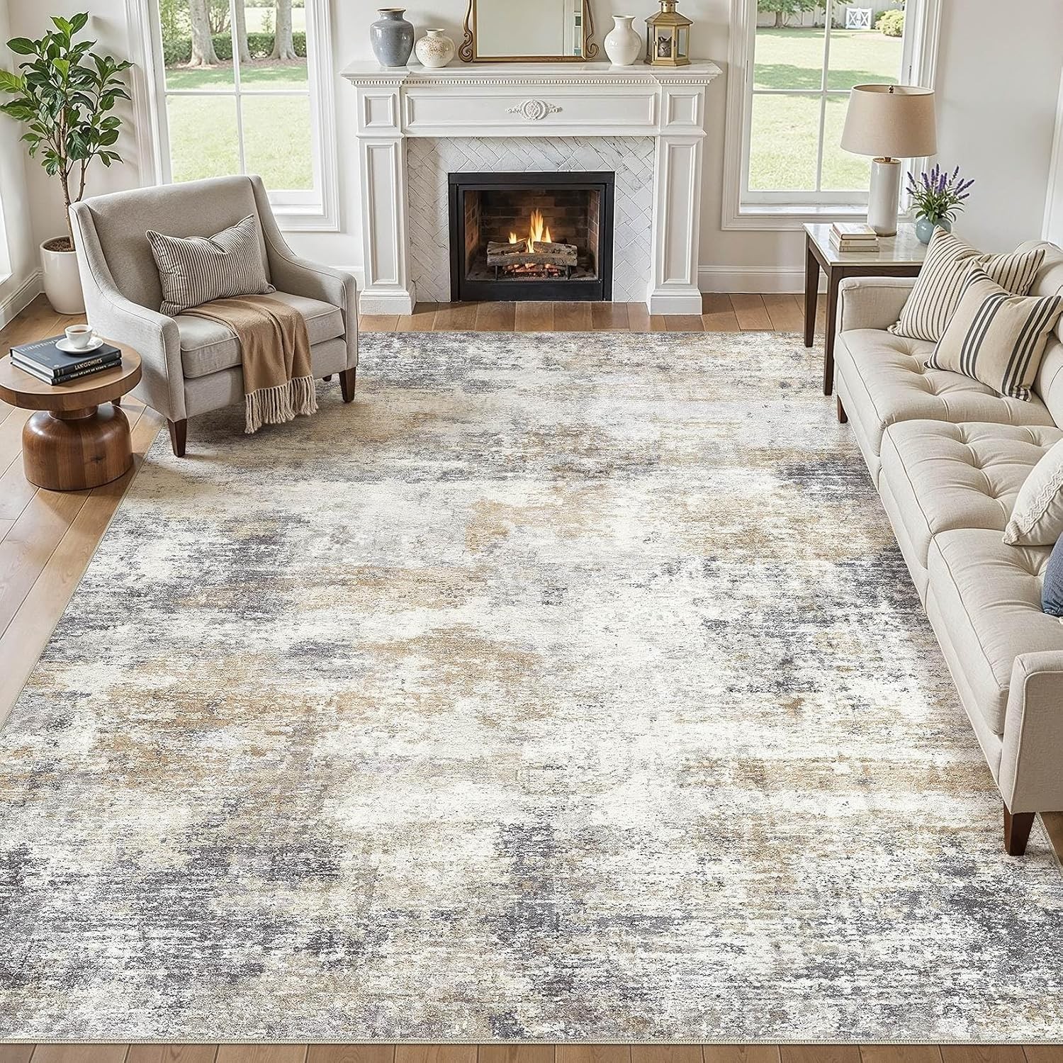 5×7 Goldbrown Modern Abstract Washable Non Slip Area Rug Soft Living Room Decor