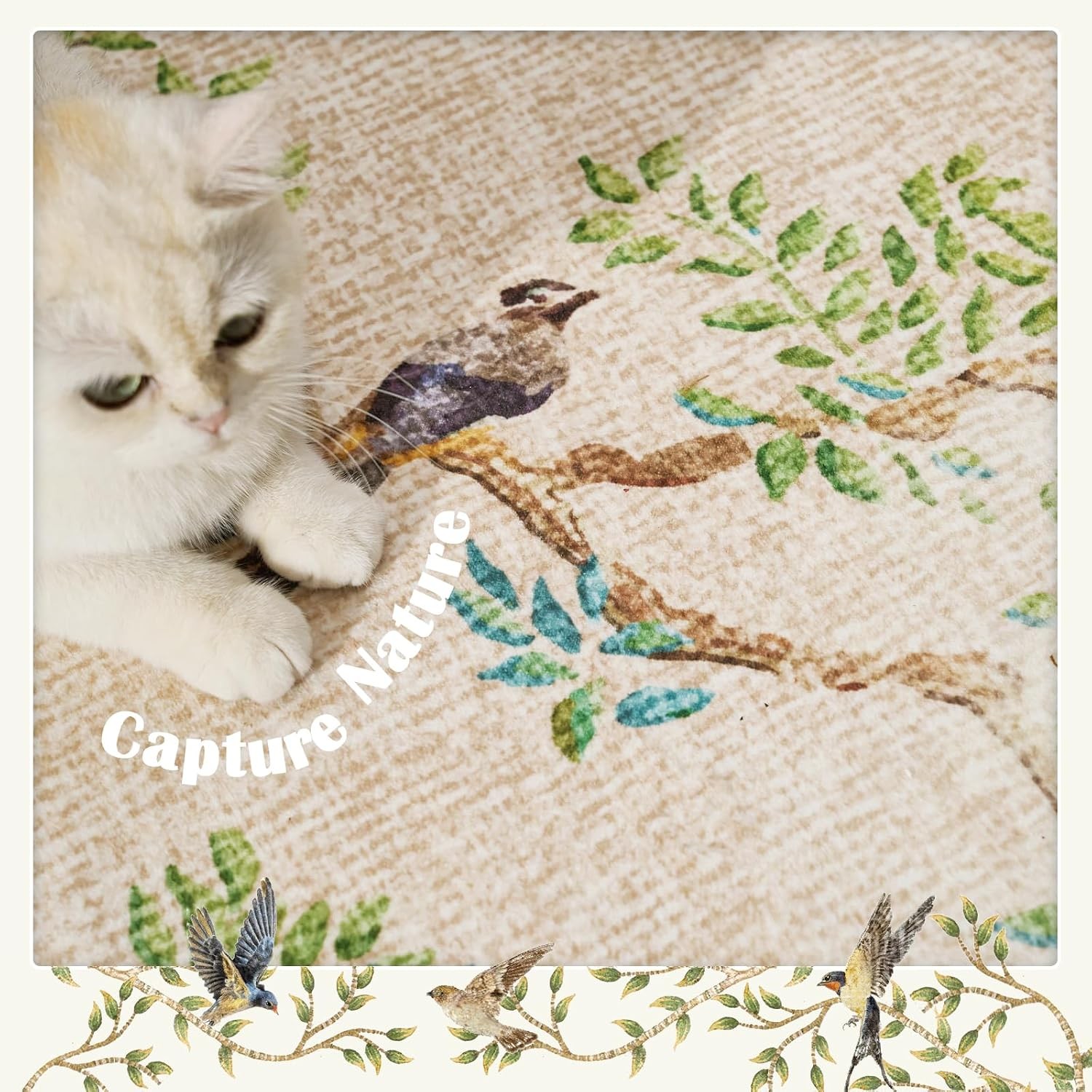 Yarden Round Rugs 8ft Beige Botanical Birds Print Machine Washable 8′ Circle