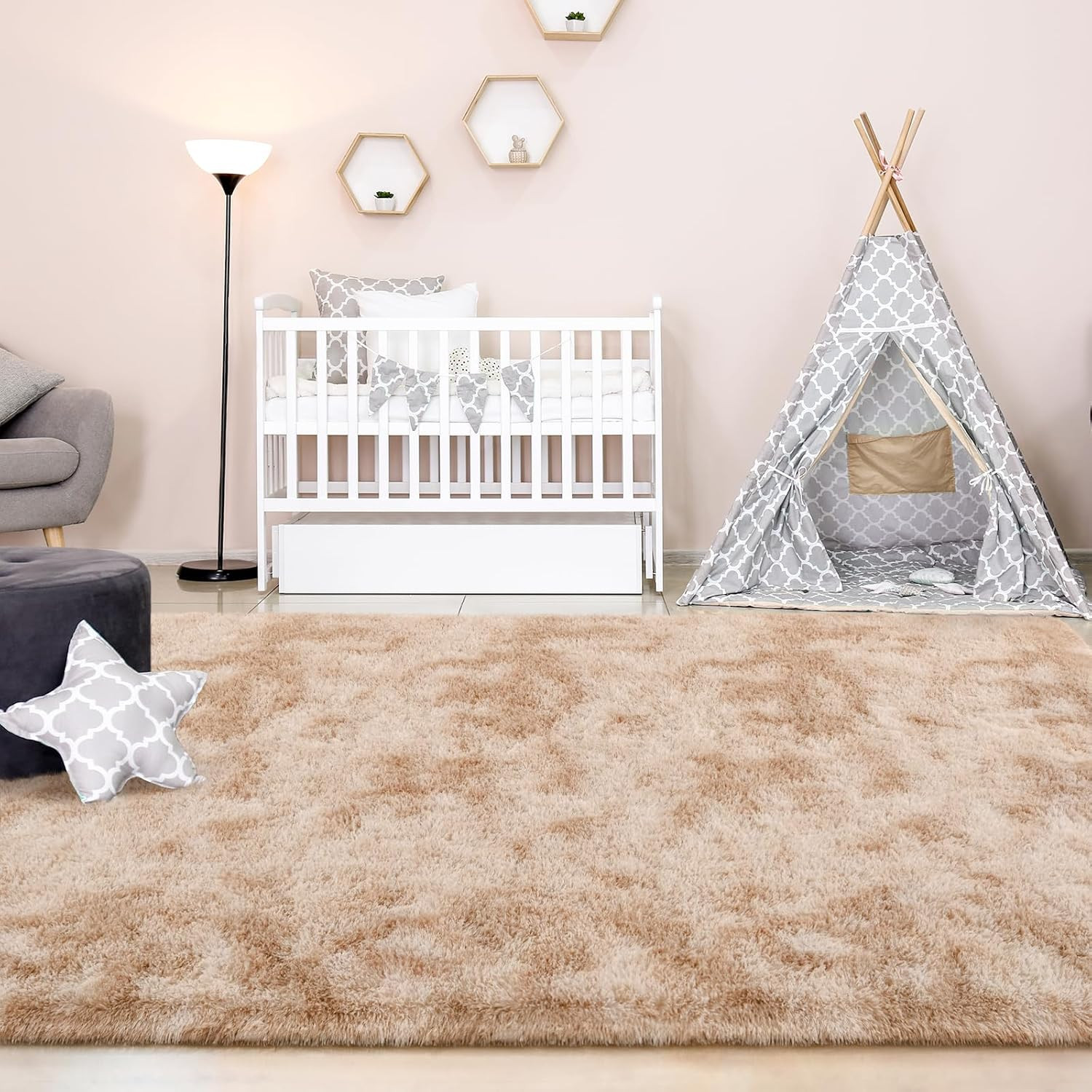 Large 9×12 Feet Beige Shaggy Area Rug – Ultra Soft Plush Indoor Carpet