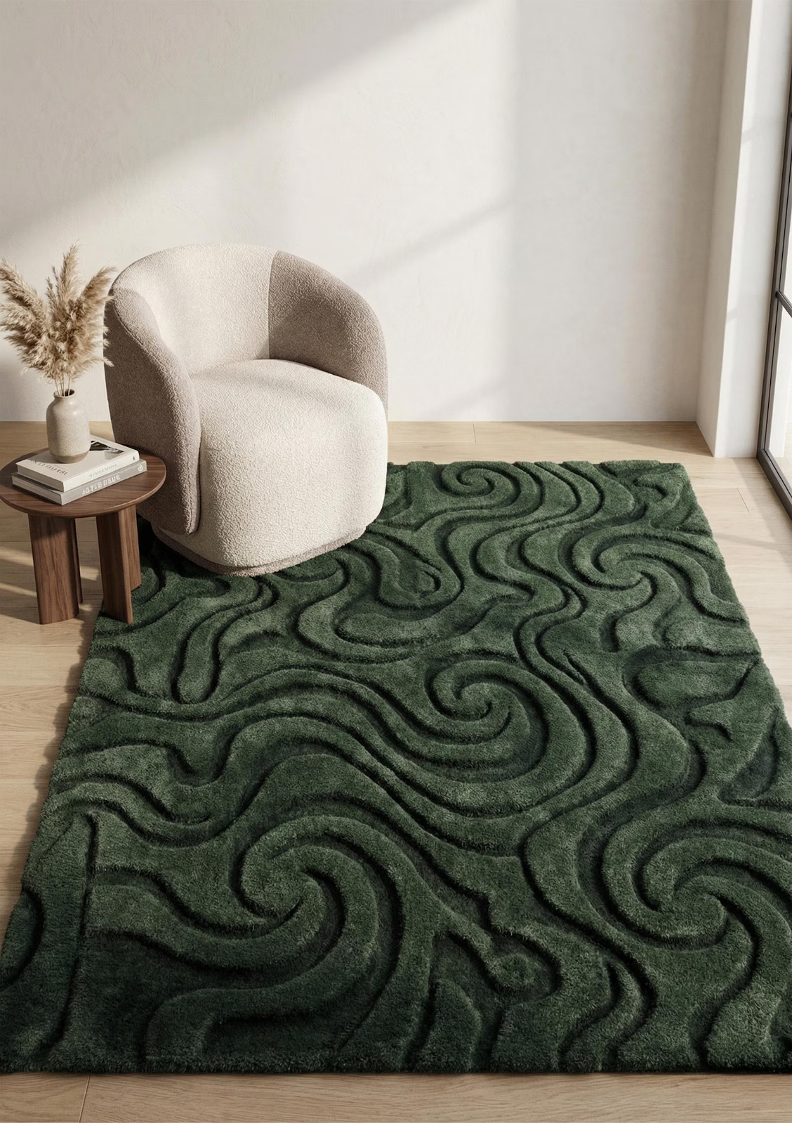 Deep Forest Green Wavy Wool Rug, Abstract 3d Hand Tufted Rugs for Living Room
