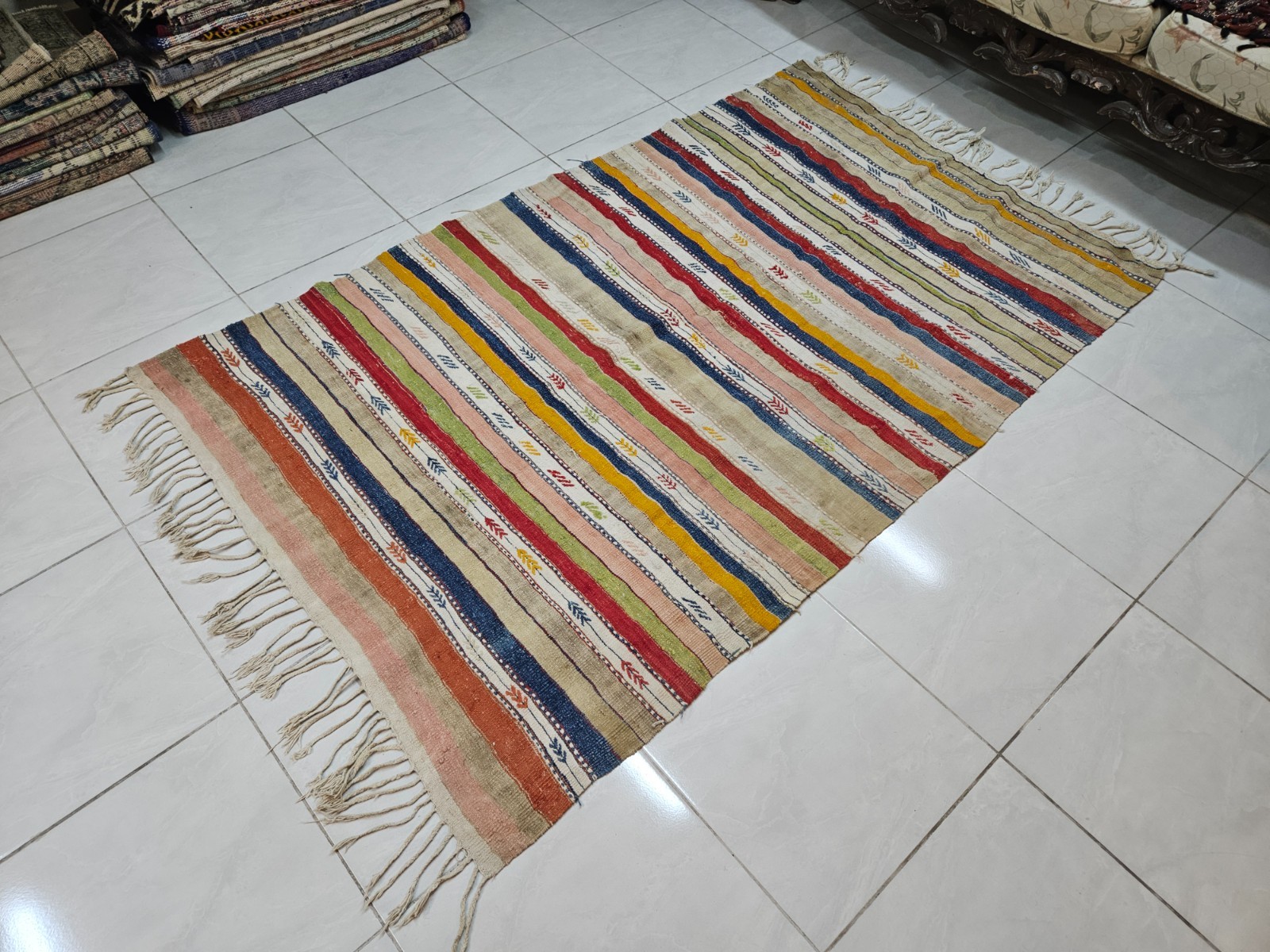Turkish Vintage Kilim Rug, 4.4 x 7 ft Striped Boho Kilim, Colorful Bedroom Rug
