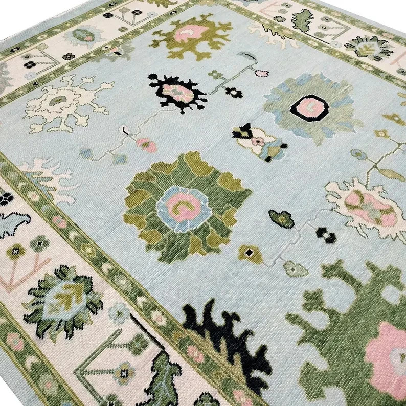 Hand Knotted Oushak Wool Rug | 8×10 Light Blue Area Carpet with Green Border