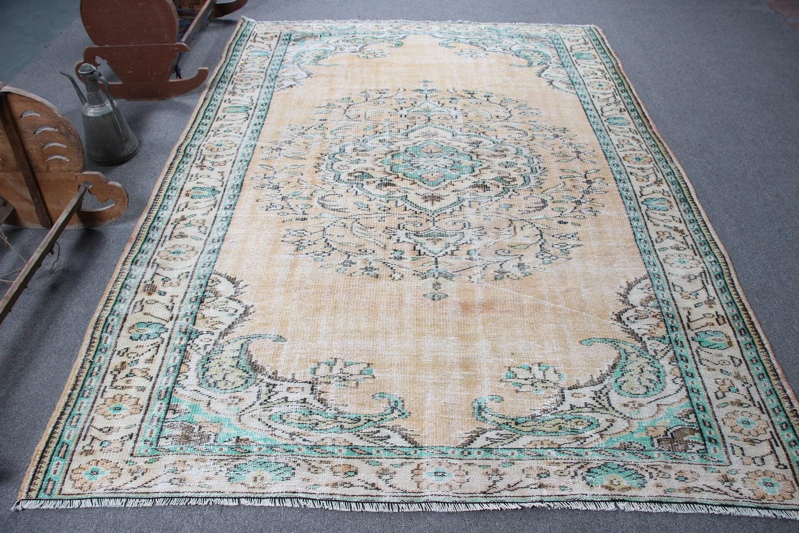 Vintage 6,2×8,9 ft Rug, Large Turkish Rug, Blue Yellow Check Rug