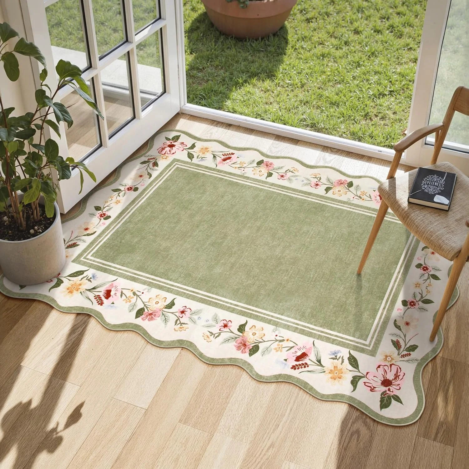 Lahome Floral 2×3 Rug, Green Kitchen Rugs Ultra-Thin Washable Scalloped Bathroom