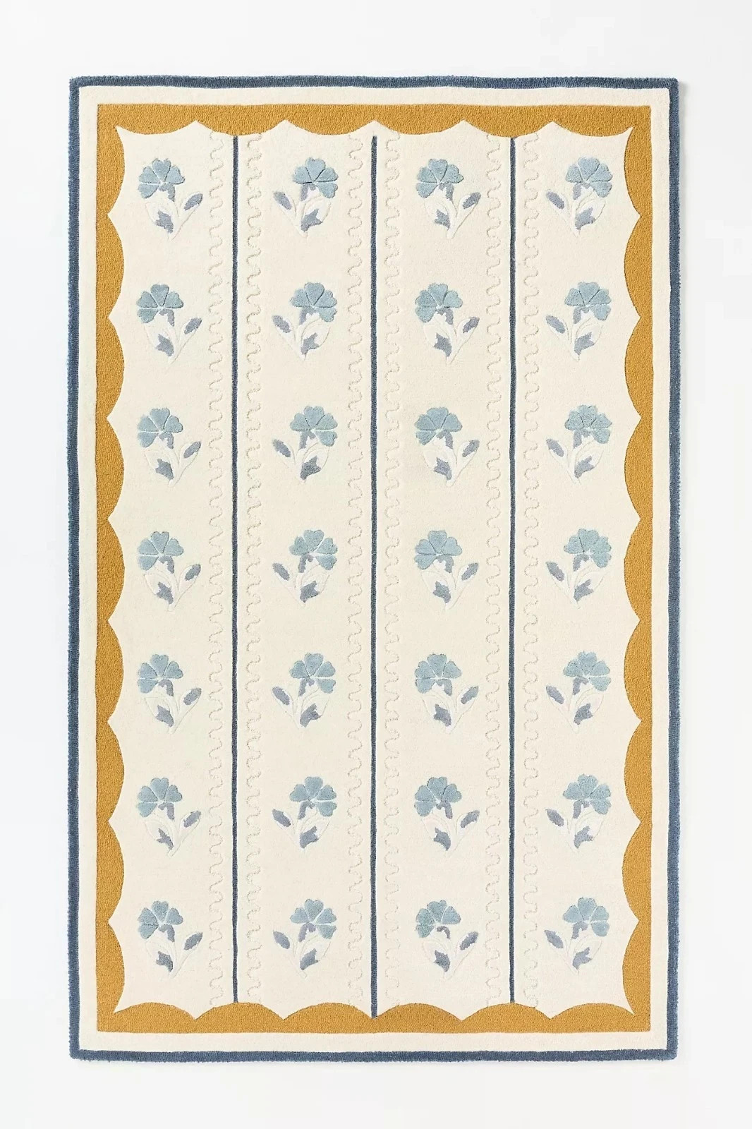 Hand Tufted Wool Viscose Floral Area Rug Blue Ivory Mustard Border Modern Decor